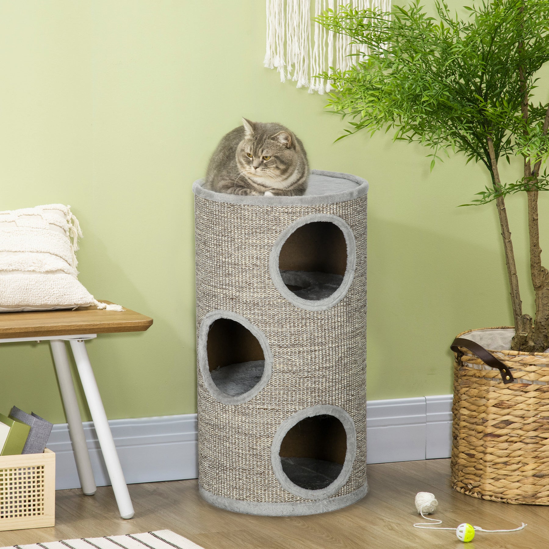 Cat Tree Barrel, Kitten Climbing Tower, Indoor Sisal Covered, Cosy Platform, Light Grey