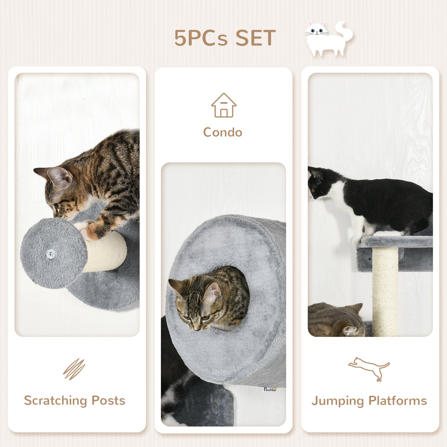 5Pcs Cat Wall Furniture With Perch Condo Scratching Post Aosom UK