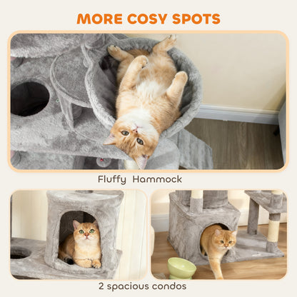 PawHut 170 cm Large Cat Tree, Cat Tower with 7 Scratching Posts, 2 Condos, Hammock, Light Grey PawHut