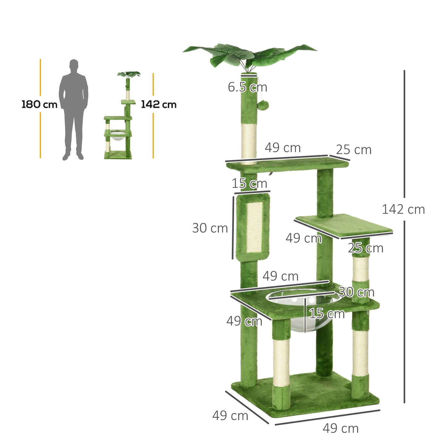 142Cm Cat Tree Tower With Scratching Post Hammock Toy Ball Aosom UK
