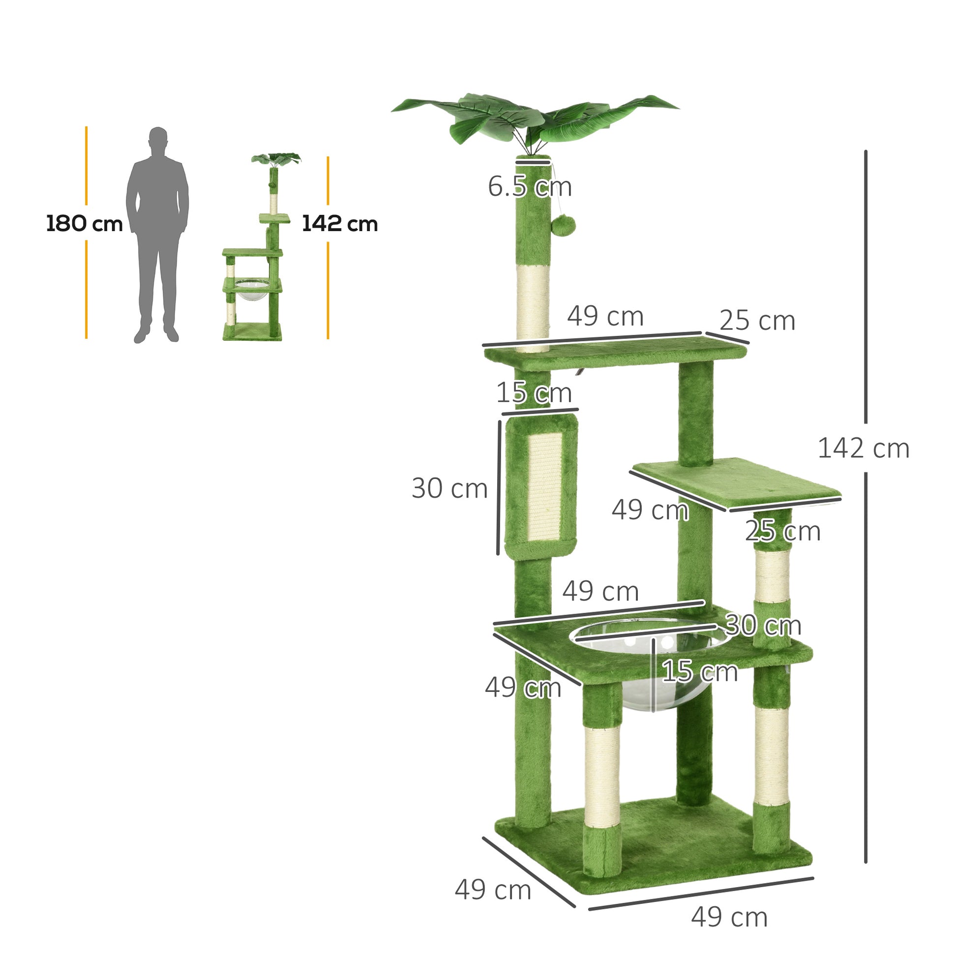 142Cm Cat Tree Tower With Scratching Post Hammock Toy Ball Aosom UK