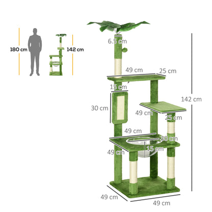 142Cm Cat Tree Tower With Scratching Post Hammock Toy Ball Aosom UK