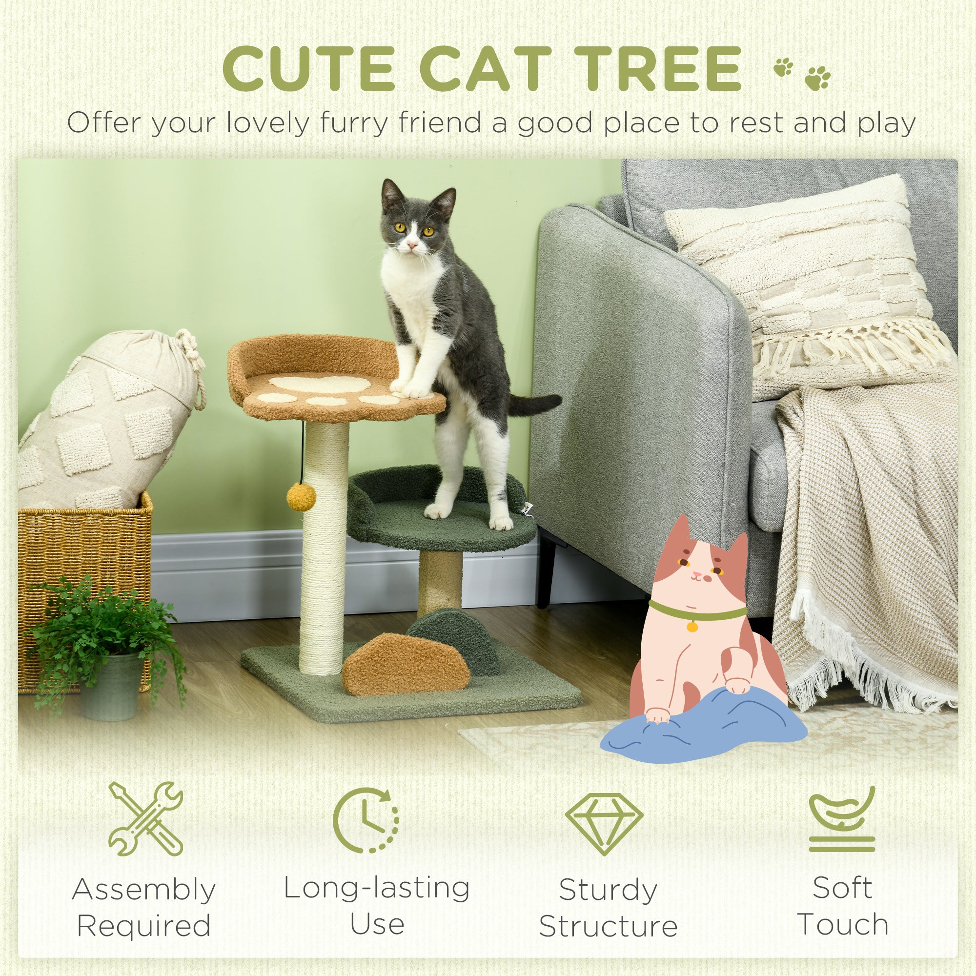 Compact Cat Tree: Scratching Posts, Dual Beds & Play Ball for Kittens, Space-Saving Design, Grey