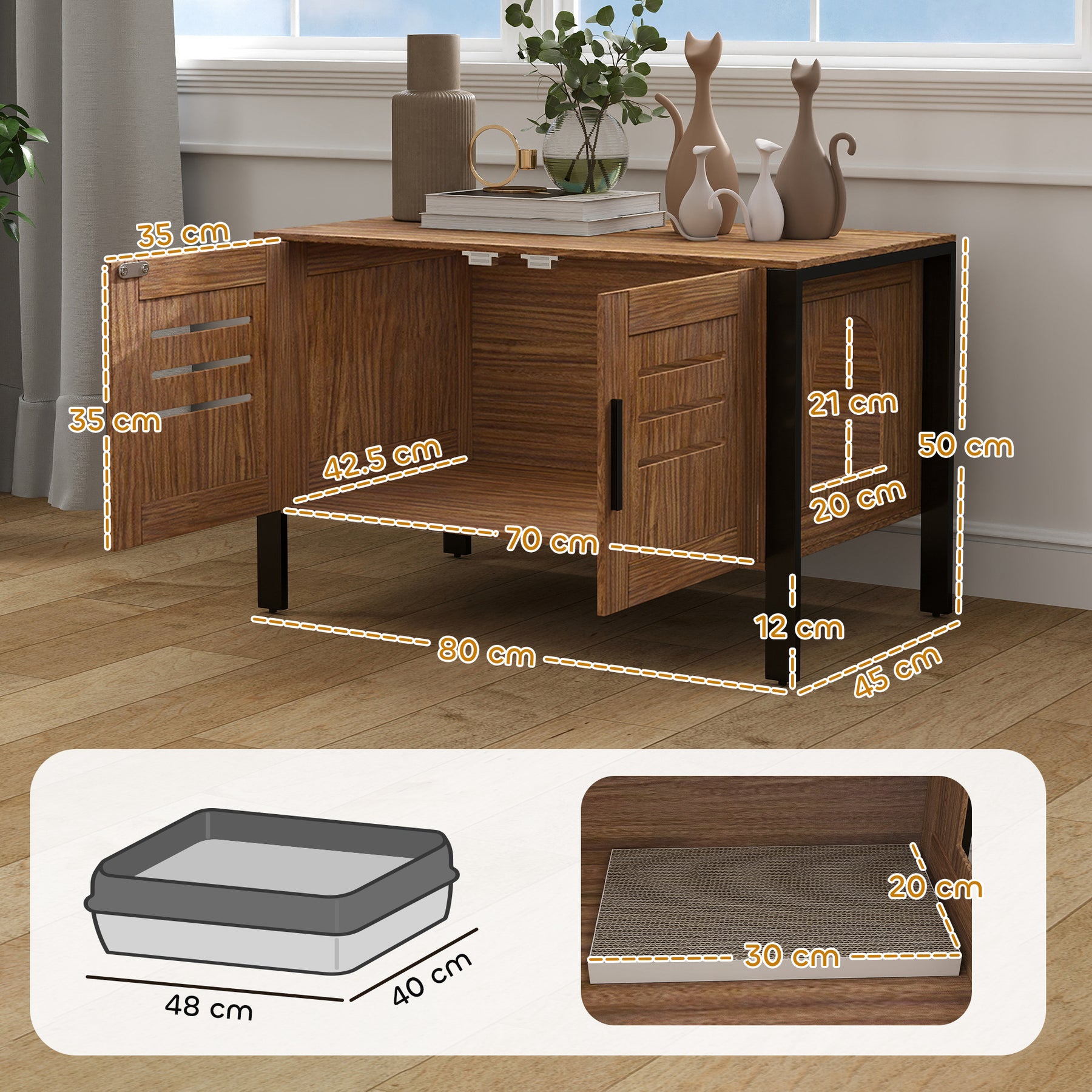 Cat Litter Box Enclosure with Tall Legs, Scratching Board, Double Doors, Ventilation Holes, Dark Brown