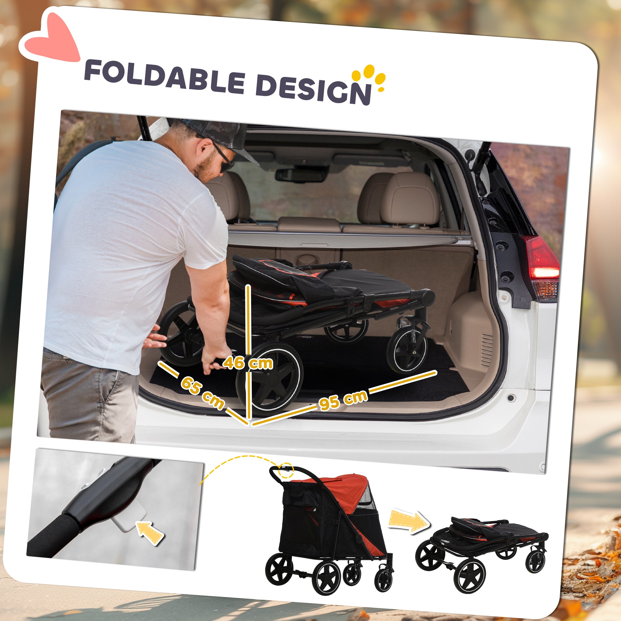 Pet Stroller with Universal Front Wheels, Shock Absorber, One Click Foldable Dog Cat Carriage with Brakes, Storage Bags, Red