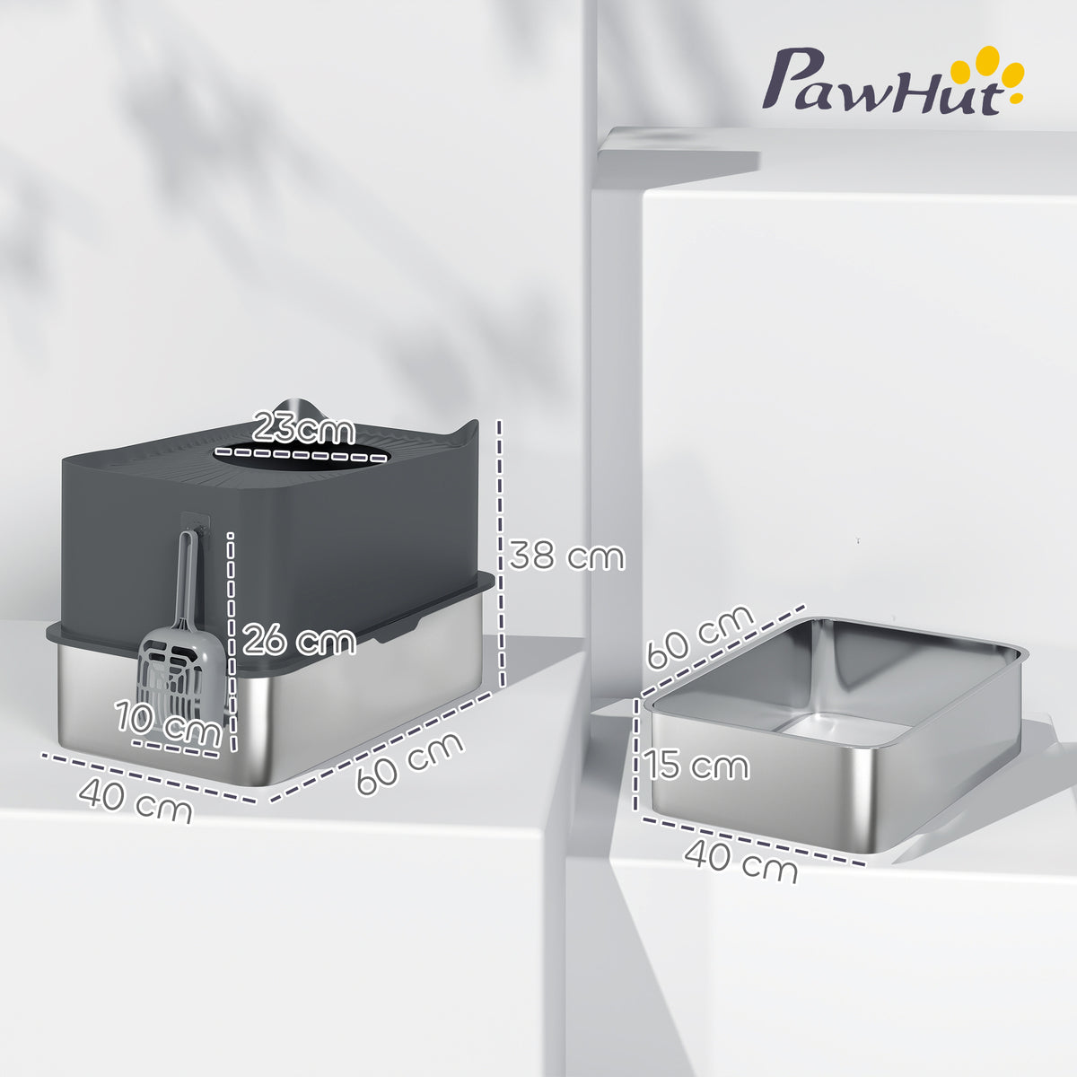 PawHut Stainless Steel Cat Litter Tray, Extra Large Enclosed Litter Box with Scoop, Top Entrance, Non-slip Pads, Dark Grey PawHut