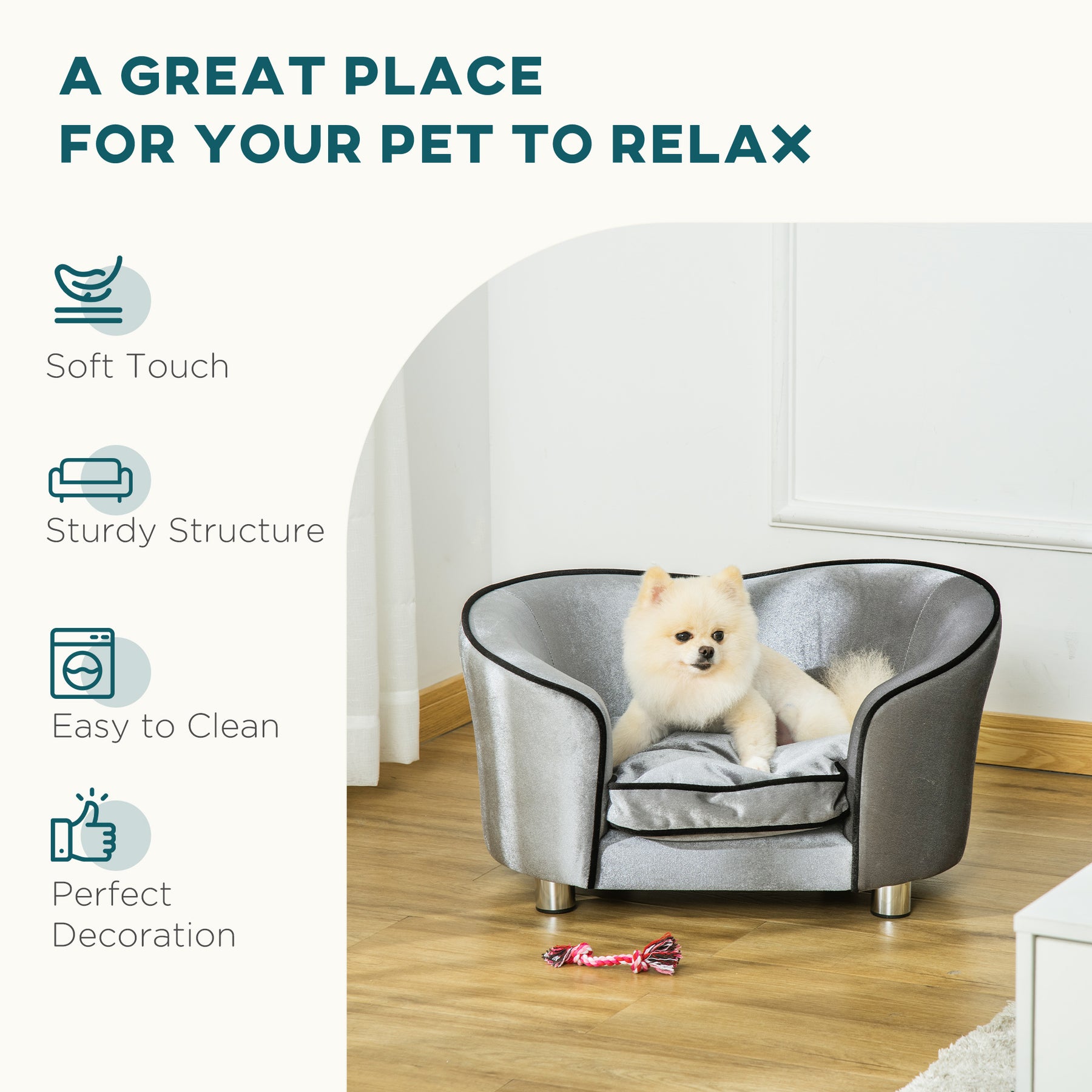 Pet Sofa with Storage Pocket, Modern Dog Bed & Cat Lounger, Removable Cushion, Silver Grey