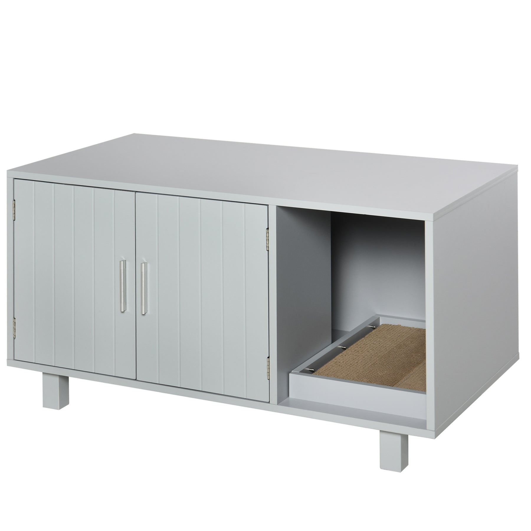 Cat Litter Box Enclosure, Wooden, Nightstand/End Table Design, with Scratcher, Magnetic Doors, Grey