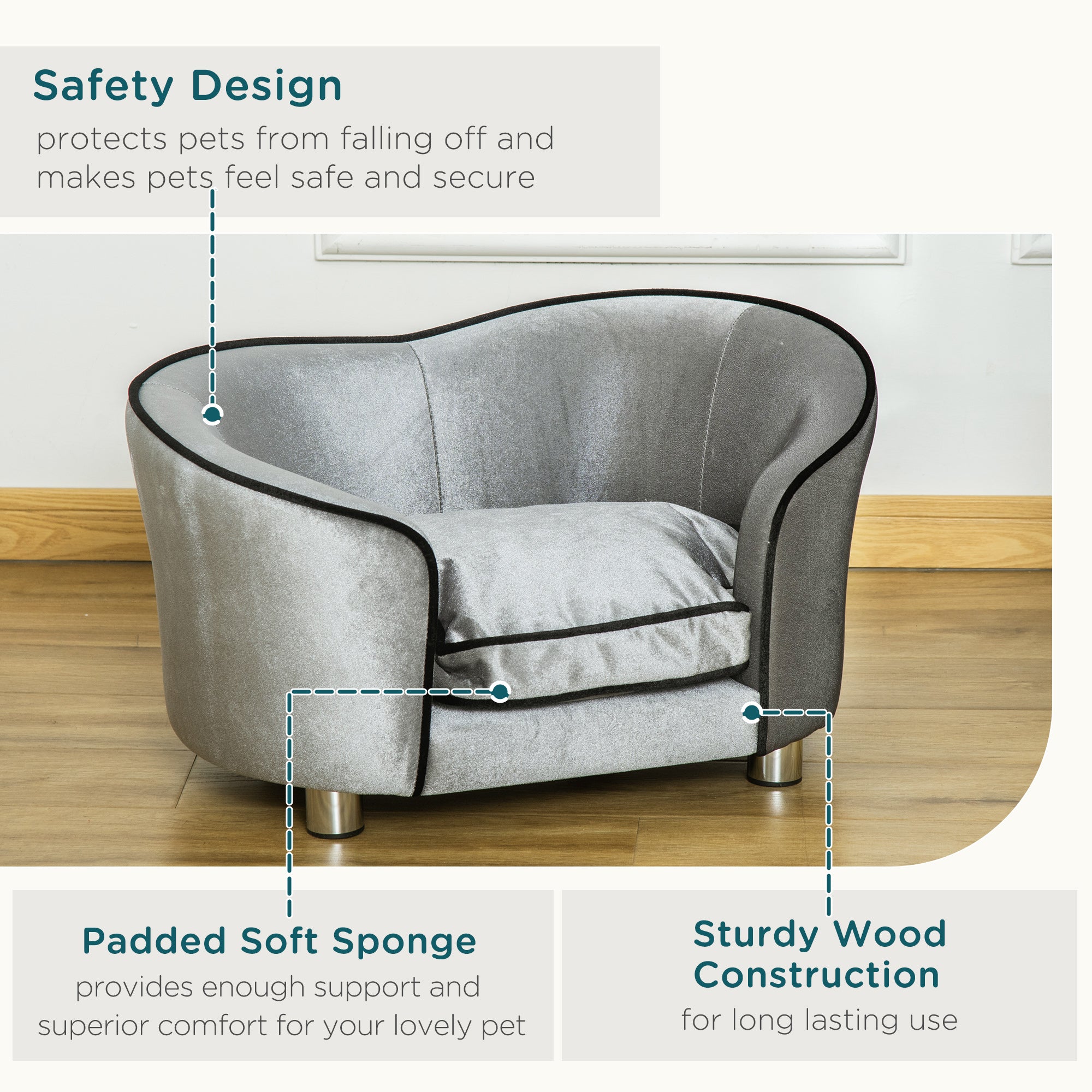 Pet Sofa with Storage Pocket, Modern Dog Bed & Cat Lounger, Removable Cushion, Silver Grey