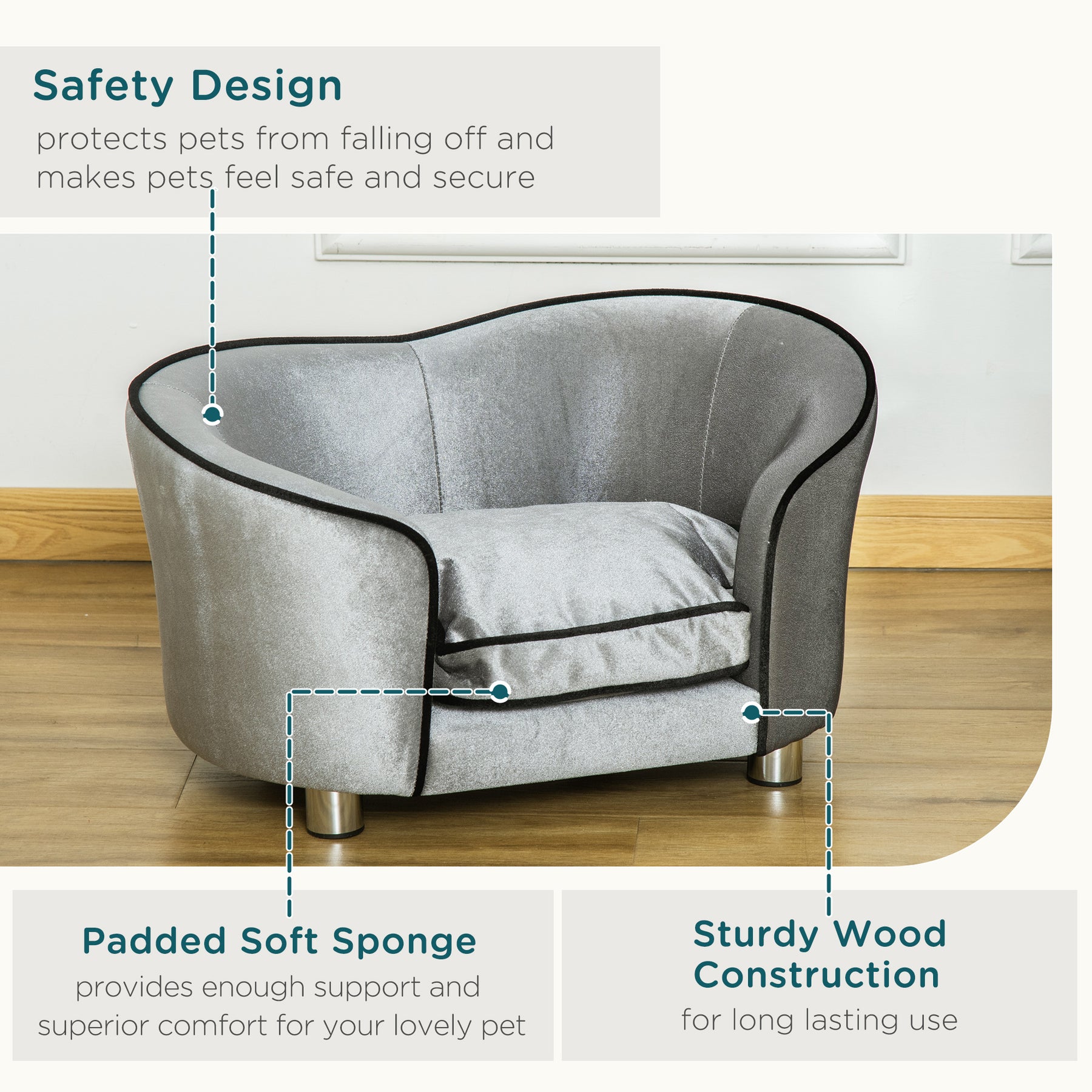 Pet Sofa with Storage Pocket, Modern Dog Bed & Cat Lounger, Removable Cushion, Silver Grey