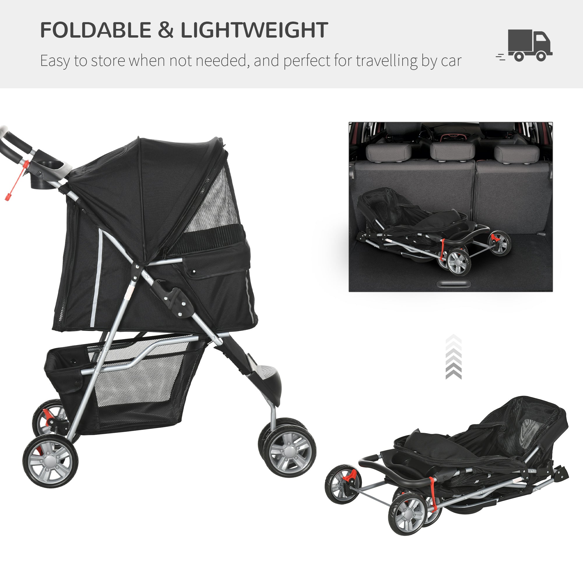 Pet Travel Stroller with Rain Cover, 3 Wheels Foldable Cat Dog Pushchair with Storage Basket and Cupholder, Black