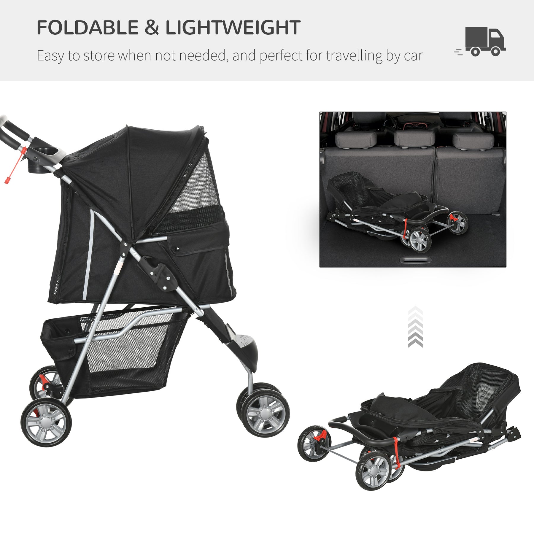 Pet Travel Stroller with Rain Cover, 3 Wheels Foldable Cat Dog Pushchair with Storage Basket and Cupholder, Black