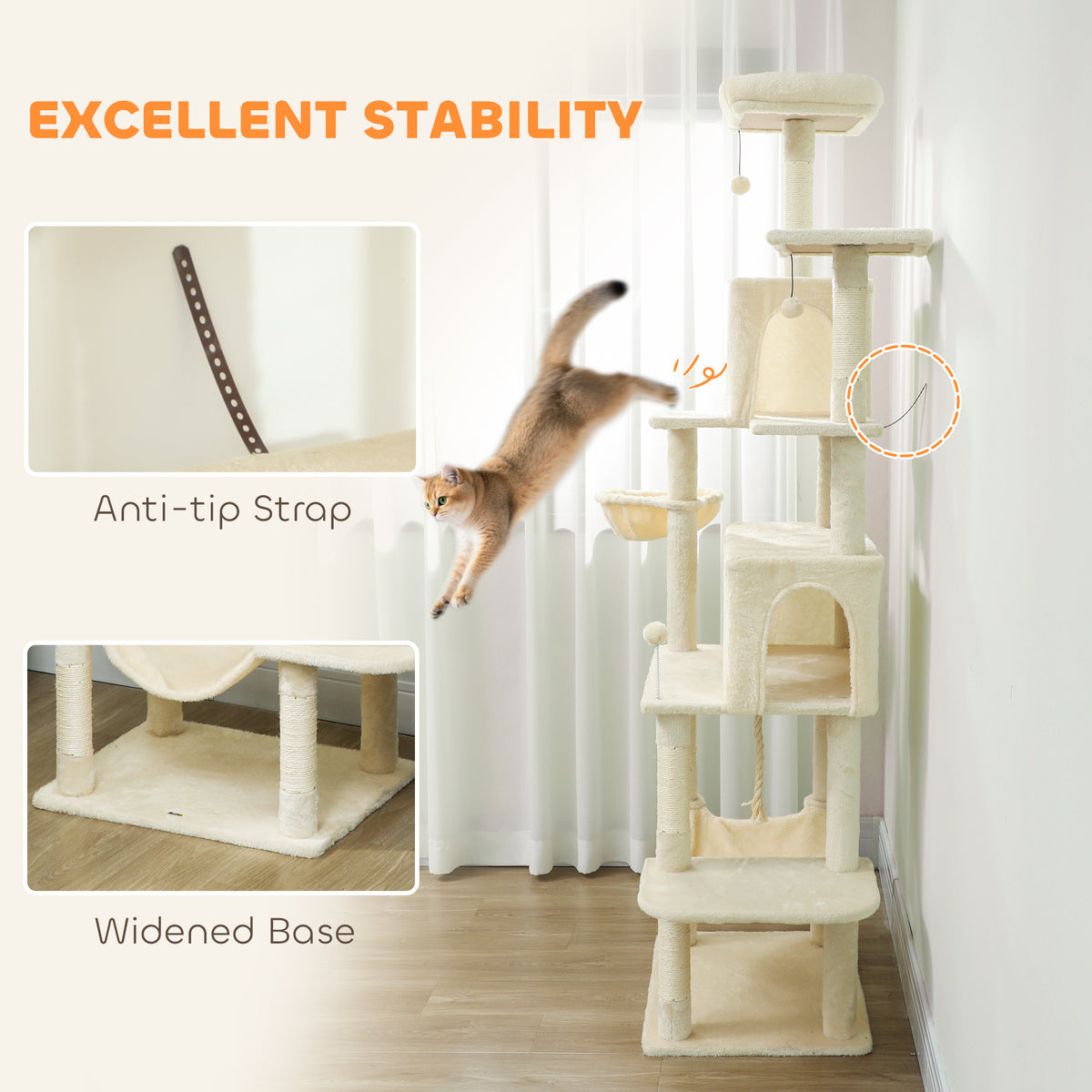 PawHut 202cm Cat Tree with 6 Scratching Posts, 2 Hammocks, 2 Condos, 2 Perches, Pompoms, for Cats to Rest and Play, Beige PawHut