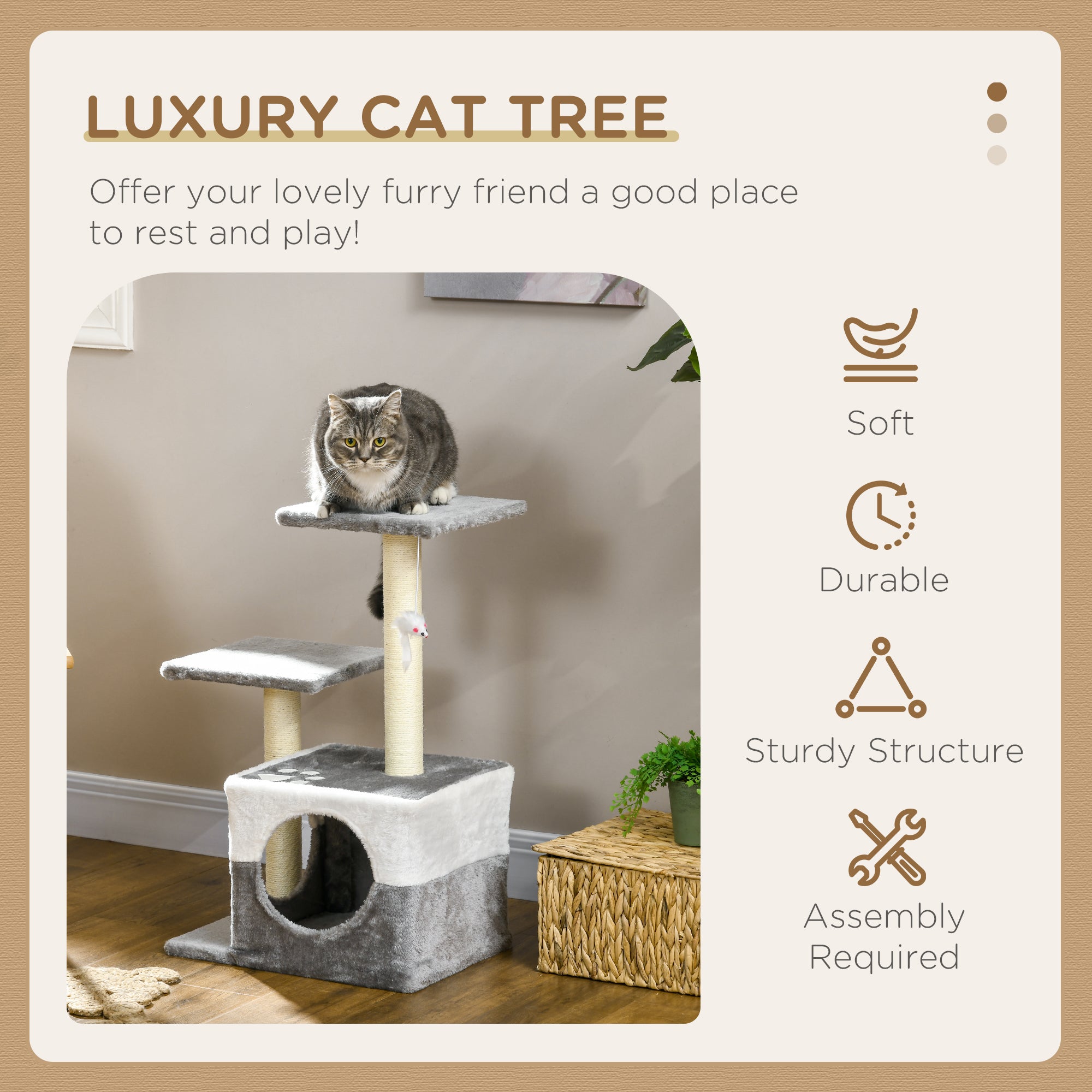 Deluxe Cat Climber: Sisal Scratching Posts, Cosy Condo, Elevated Perches & Playful Mouse, Sleek Grey