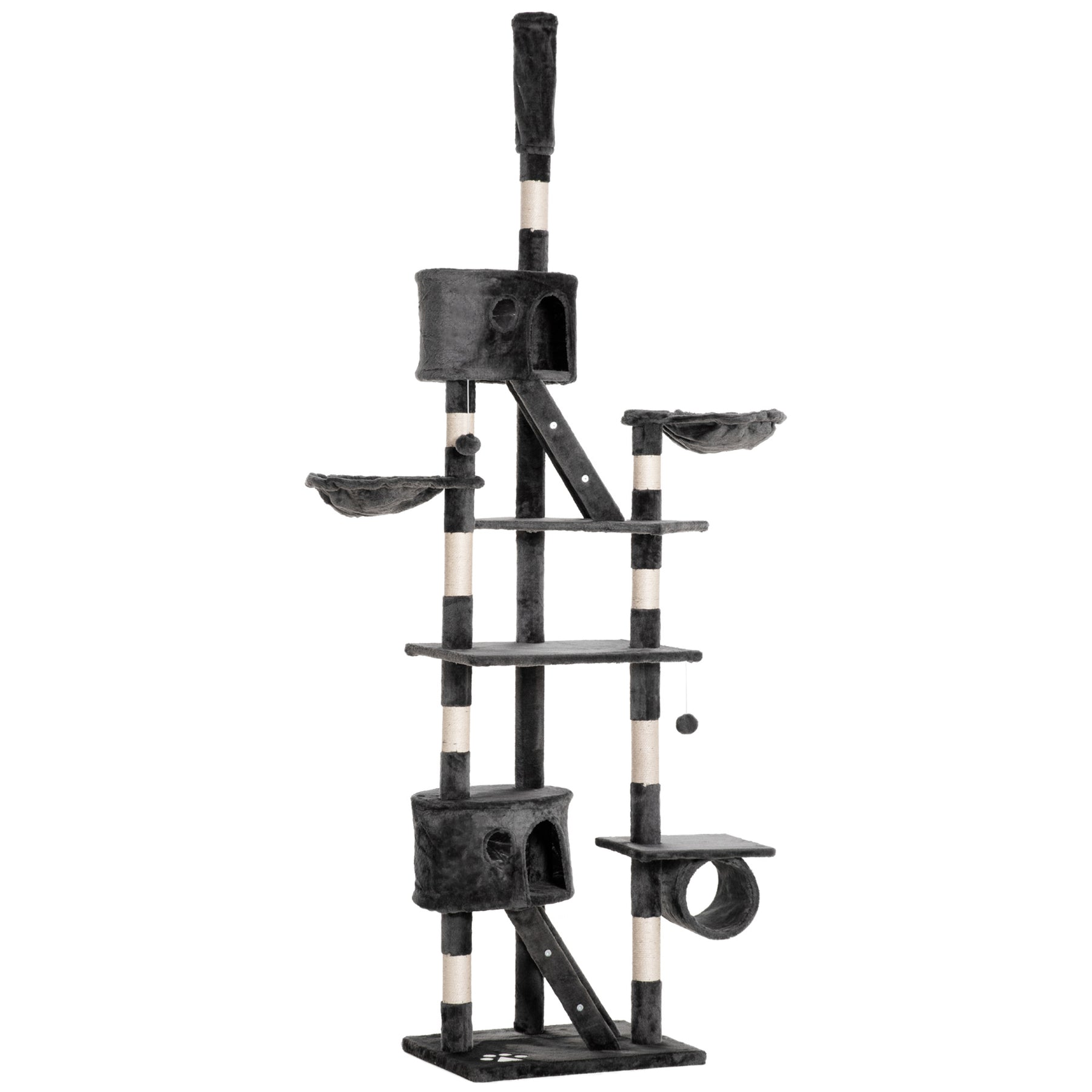 Cat Tower Floor-to-Ceiling Indoor Cat Tree, Adjustable Cat Post with Condos, Ramps, Hammocks, Toy Balls, Dark Grey