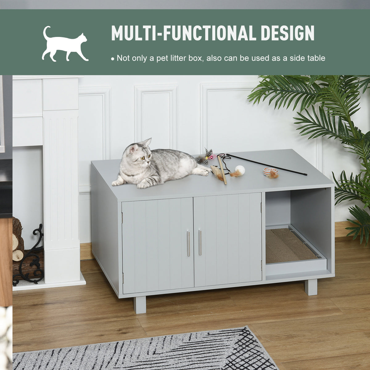 PawHut Wooden Cat Litter Box Enclosure & House with Nightstand/End Table Design, Scratcher, & Magnetic Doors, Grey PawHut