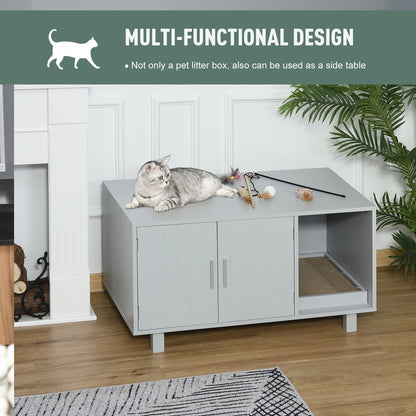 PawHut Wooden Cat Litter Box Enclosure & House with Nightstand/End Table Design, Scratcher, & Magnetic Doors, Grey PawHut