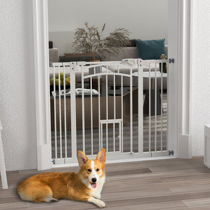 PawHut Pressure Fit Stair Dog Gate w/ Small Cat Door, Automatic Closing Door, Double Locking, for 74-100cm Openings - White PawHut