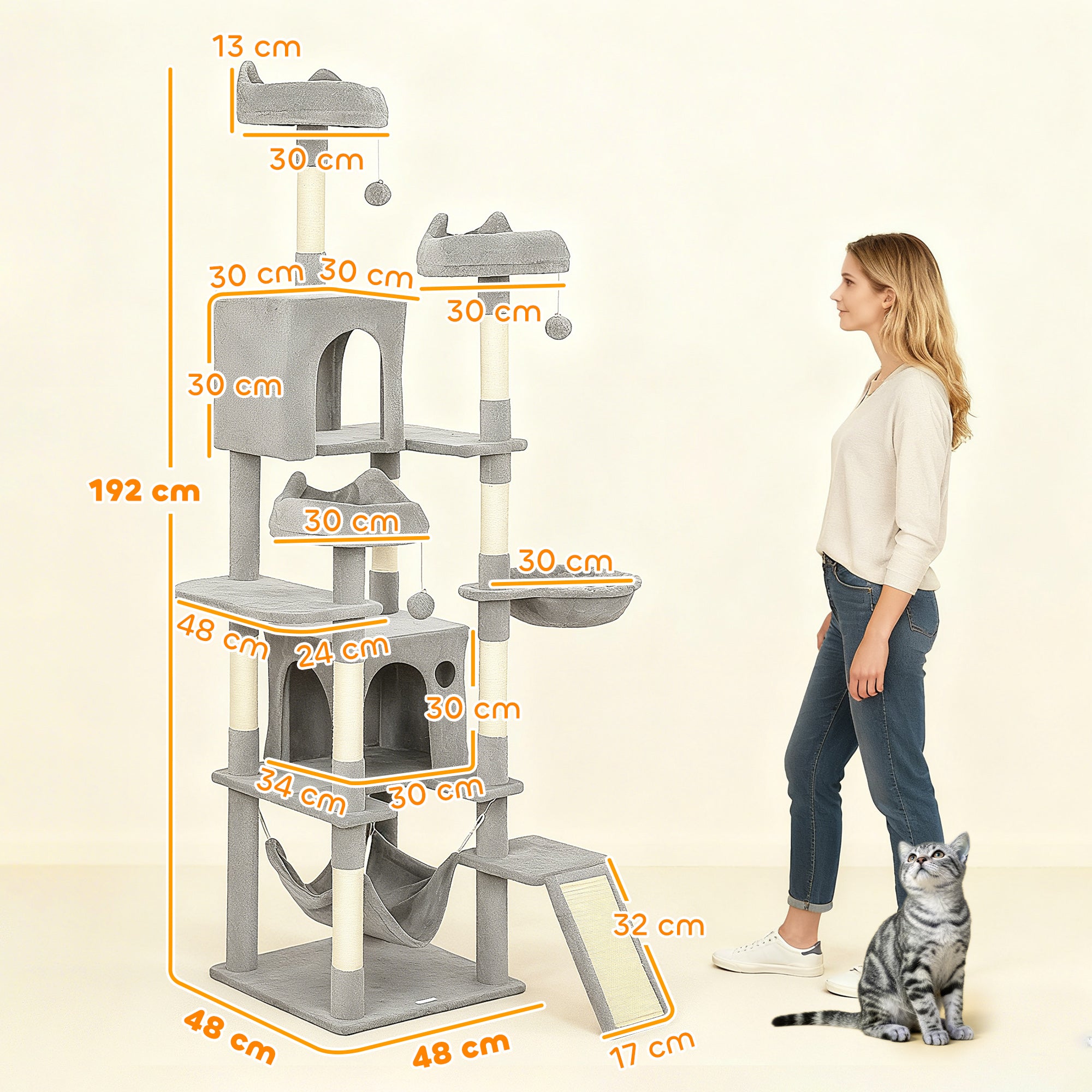 Cat Tree, Large Multi-Level Cat Tower for Indoor Kittens with 8 Scratching Posts, 3 Plush Beds, 2 Hammocks
