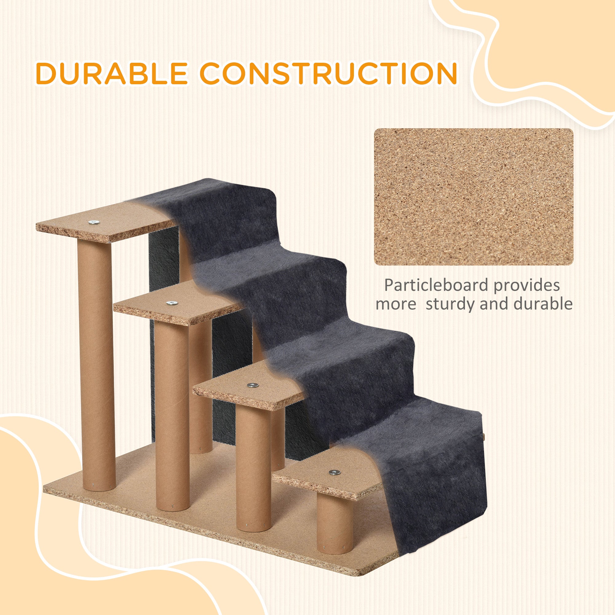 Four-Step Dog Stairs, with Washable Plush Cover, for High Bed Sofa, Dog Stairs for Small Dog and Cat - Dark Grey