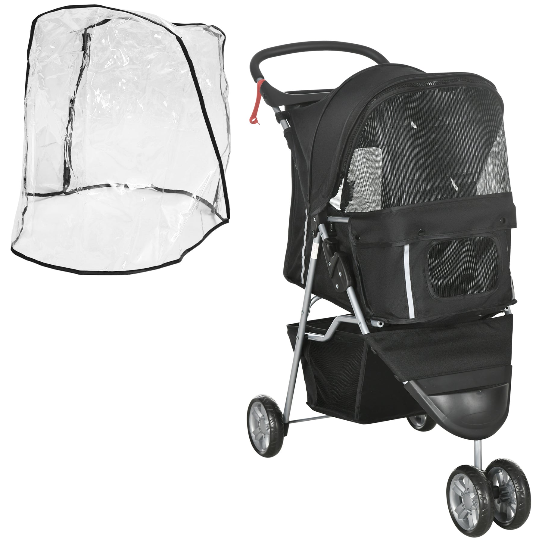 Pet Travel Stroller with Rain Cover, 3 Wheels Foldable Cat Dog Pushchair with Storage Basket and Cupholder, Black
