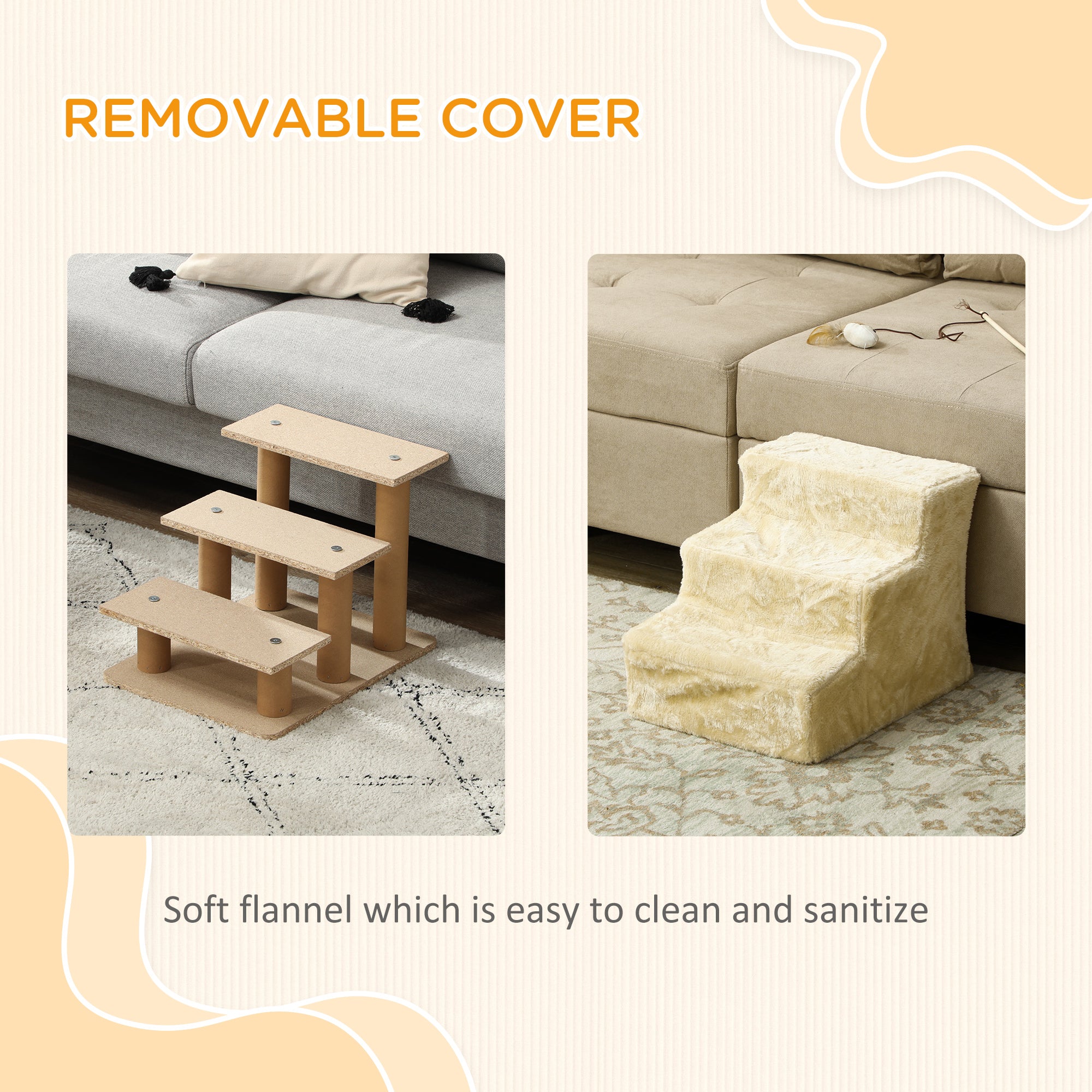 Dog Steps, Three-Step Dog Stairs with Washable Plush Cover, for High Bed Sofa, Dog Stairs for Small Dog and Cat - Beige