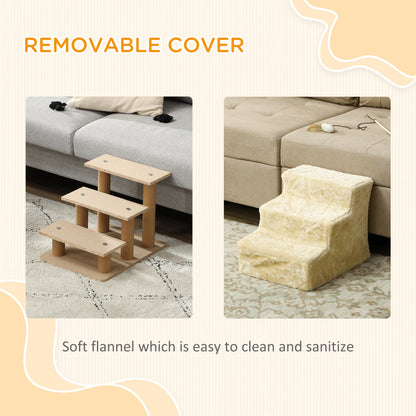 PawHut Three-Step Dog Stairs, with Washable Plush Cover, for High Bed Sofa, Dog Stairs for Small Dog and Cat - Beige PawHut