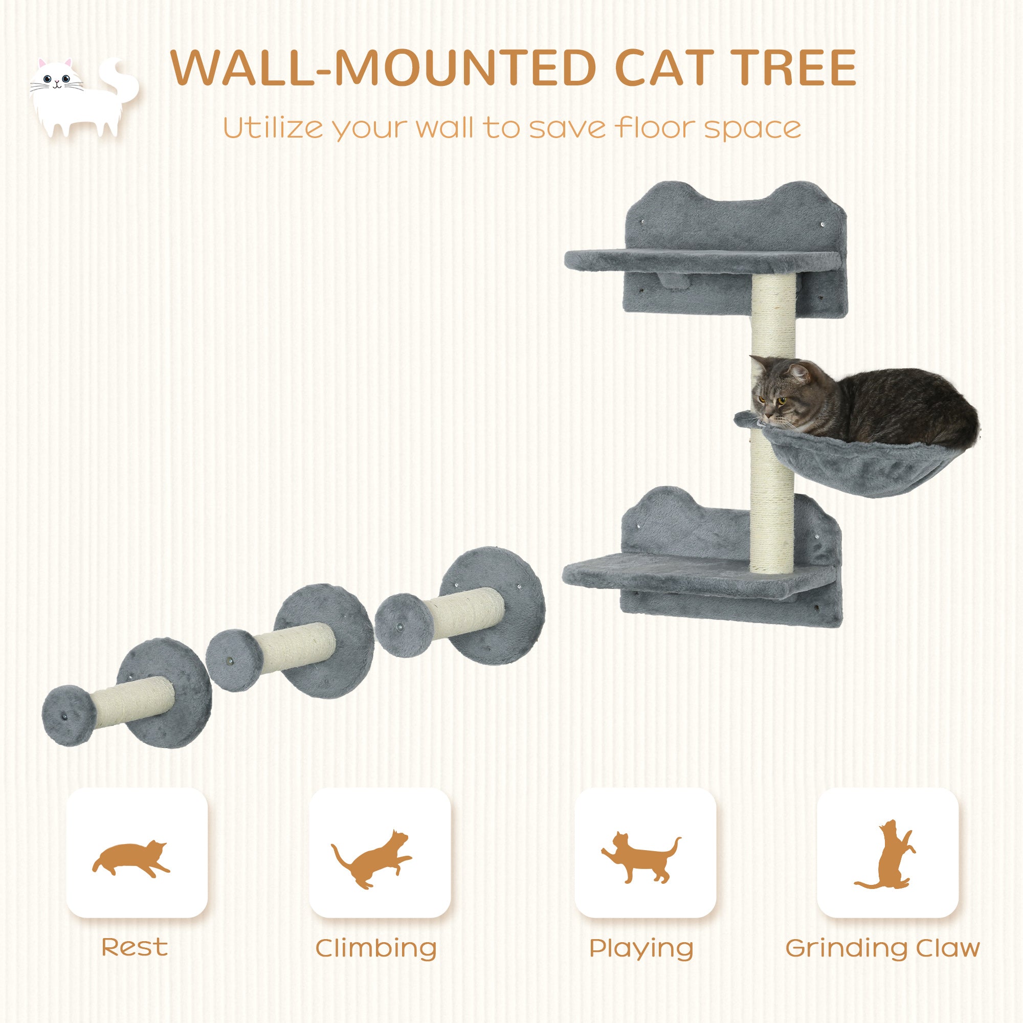 Wall-Mounted Cat Shelf Set, 4-Piece with Scratching Post, Space-Saving Design for Indoor Cats, Grey