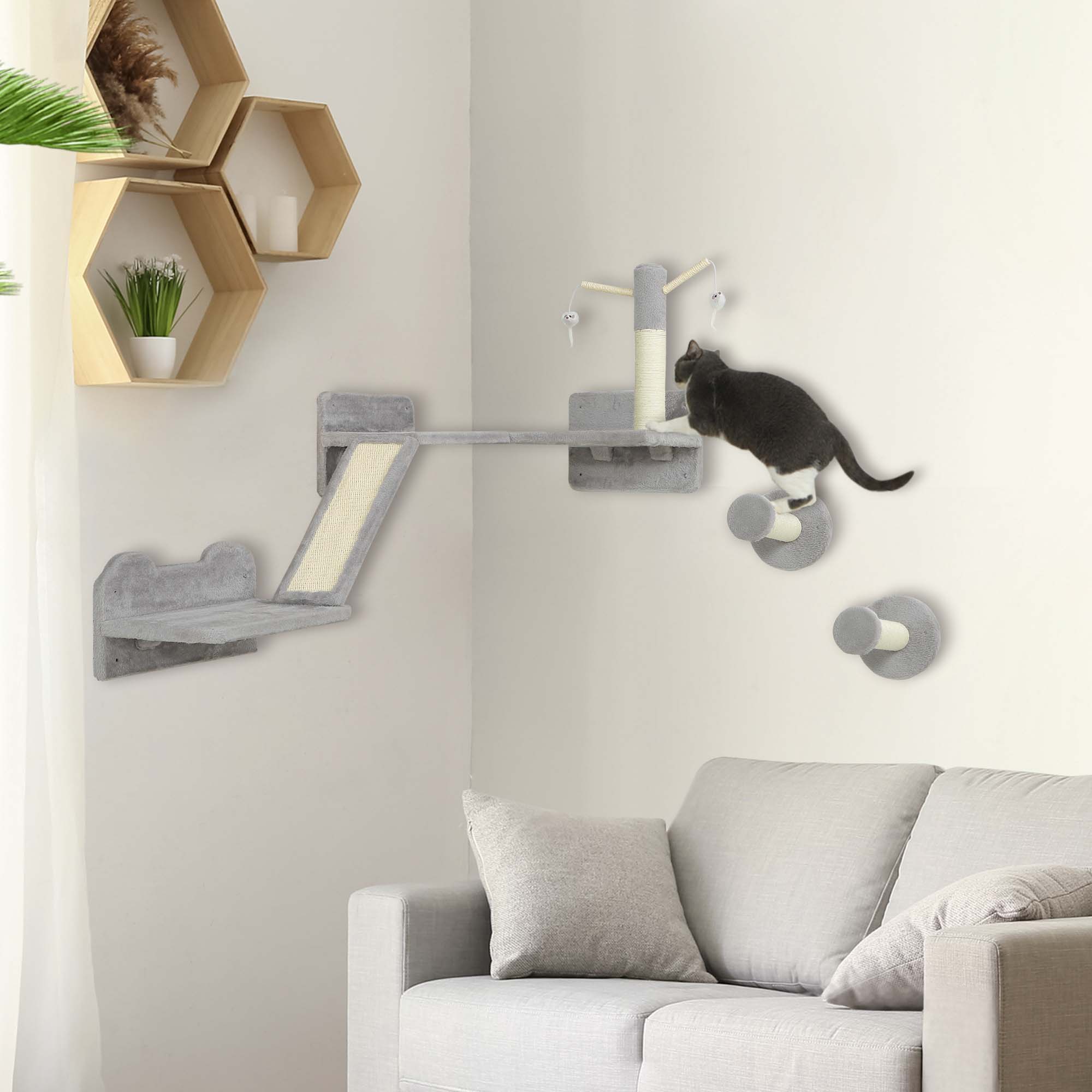 Cat Shelves with Scratching Posts, Scratching Pads, Perches, Cat Wands, Toy Balls, 3PCs for Indoor Light Grey