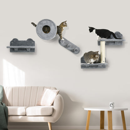 4Pcs Wall Mounted Cat Tree With Steps Perch House Grey Aosom UK