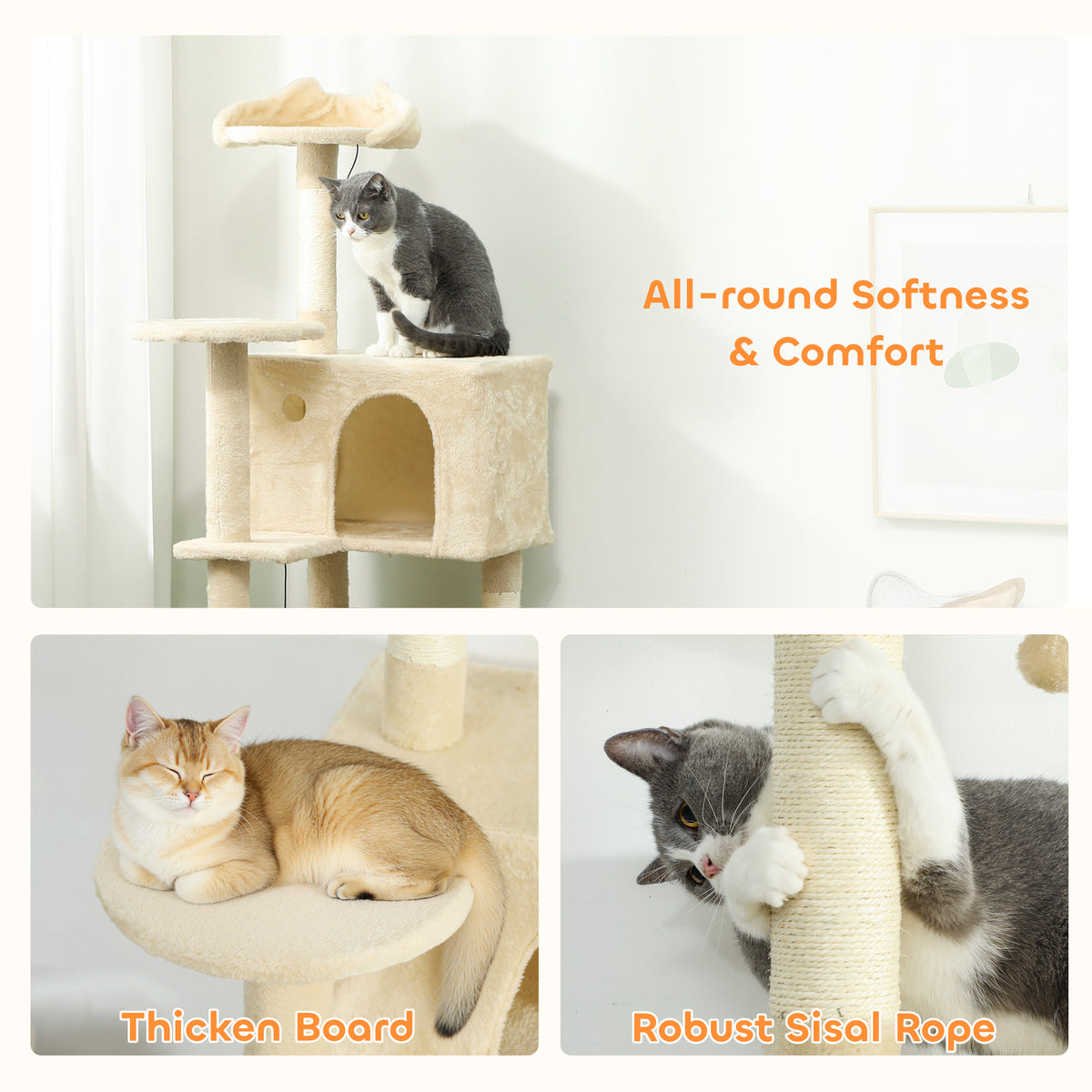 PawHut 160cm Large Cat Tree Tower with Sisal Scratching Posts, Condos, Plush Perches, Hammock, Ladder, Beige PawHut