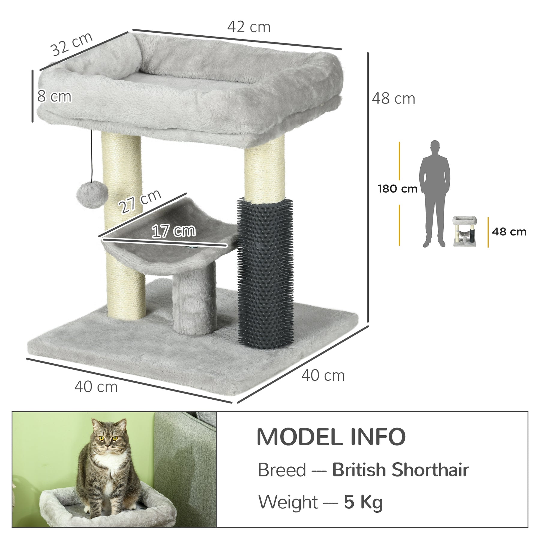 Kitty Climber Cat Tree with Self-Groomer, Scratching Post & Dangling Ball, Grey
