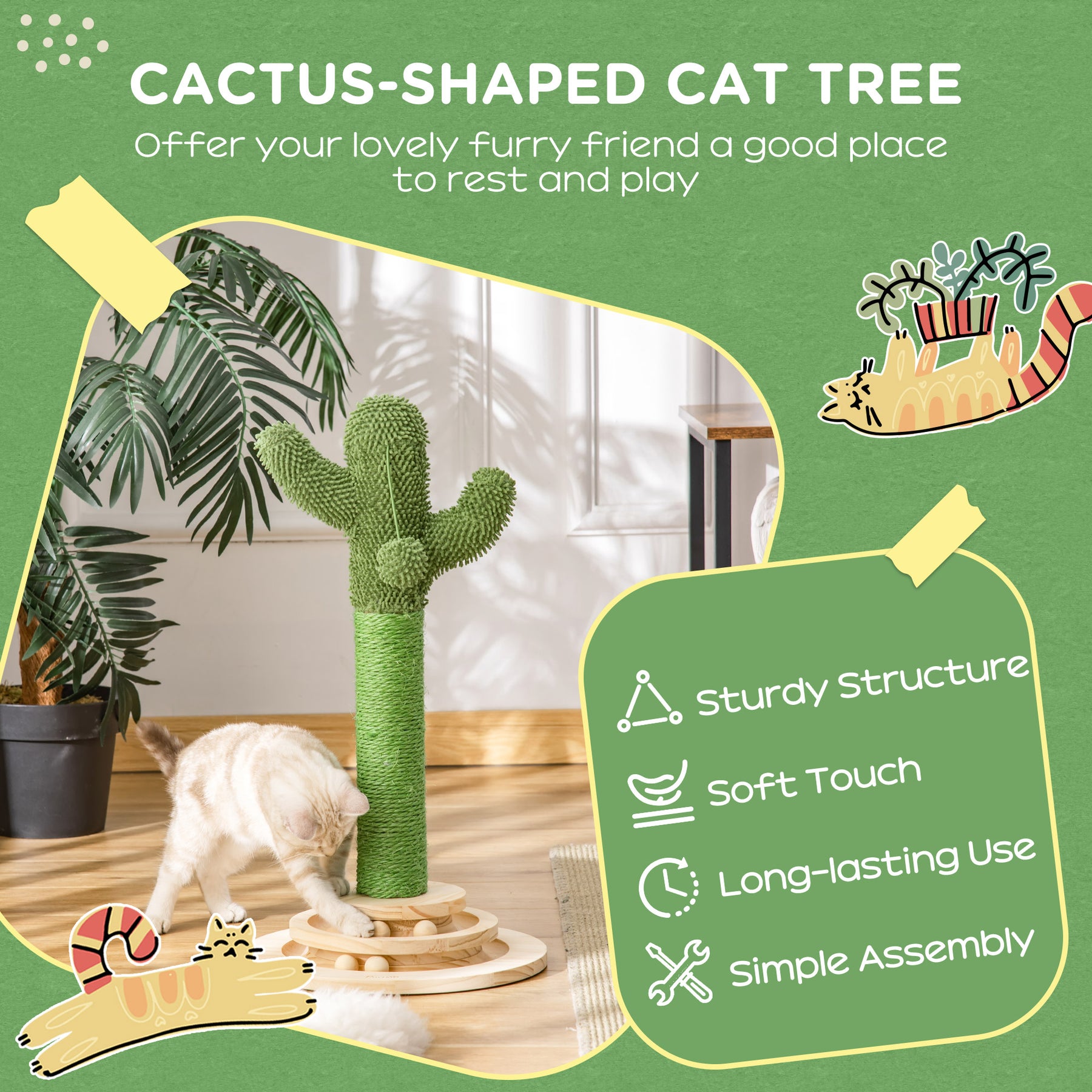 Cactus-Shaped Cat Tree Tower, Green, with Sisal Scratching Post, Hanging Ball, Funny Cat Ball Platform