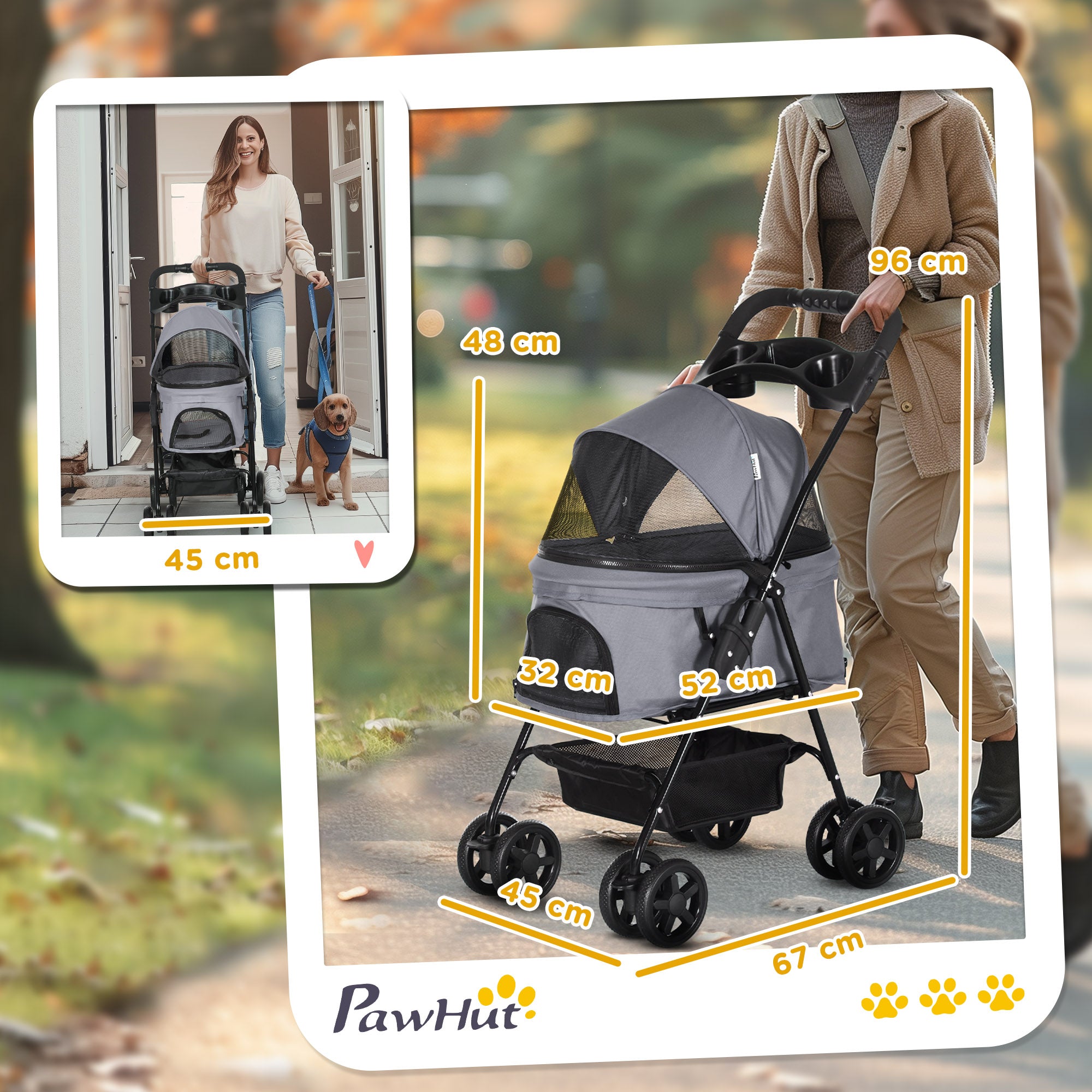 No-Zip Pet Stroller Dog Cat Travel Pushchair One-Click Fold Trolley Jogger w/ EVA Wheels Brake Basket Adjustable Canopy, Grey