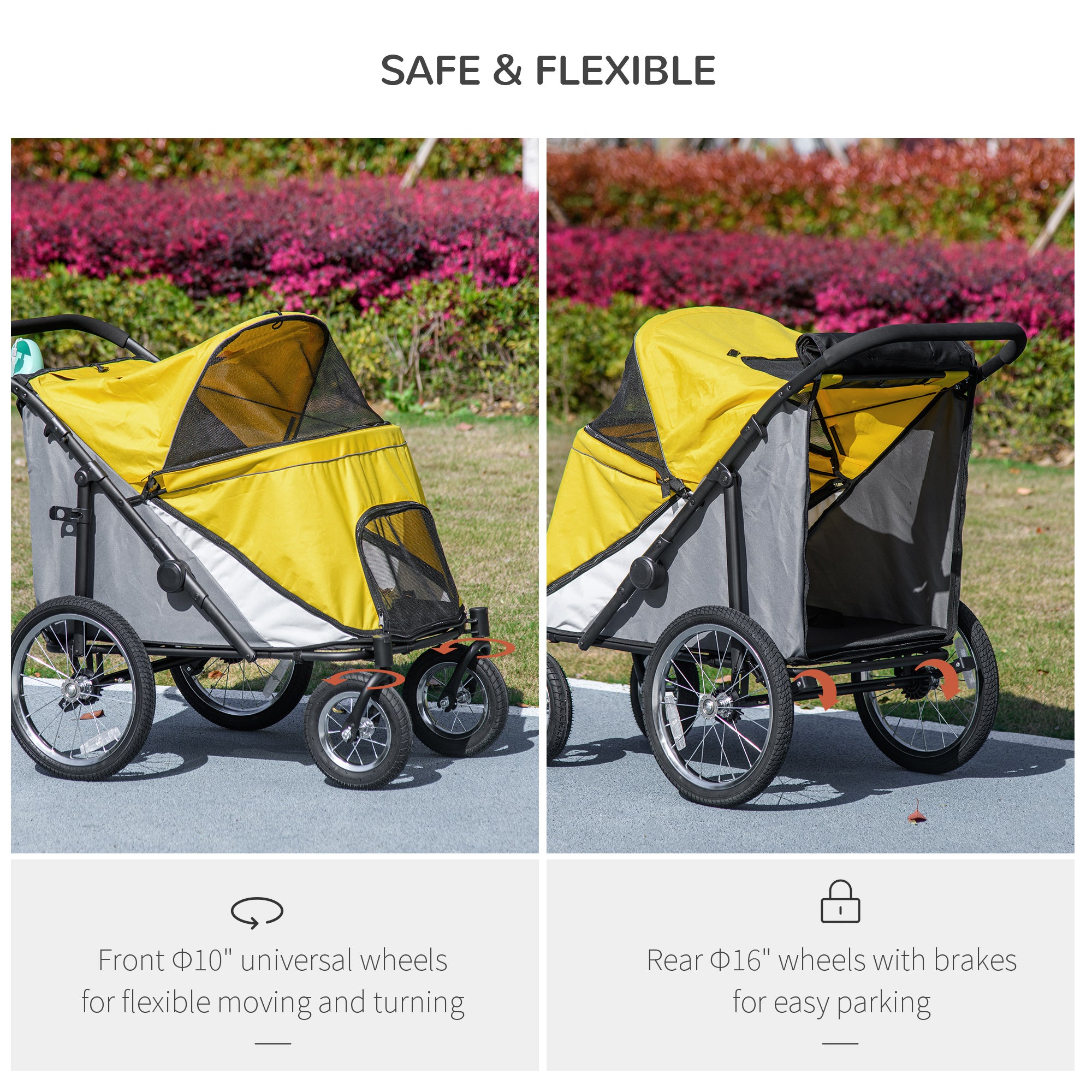 Foldable Pet Stroller with Washable Cushion, Storage Bags, Safety Leash for Medium and Large Dogs Cats Travel, Yellow