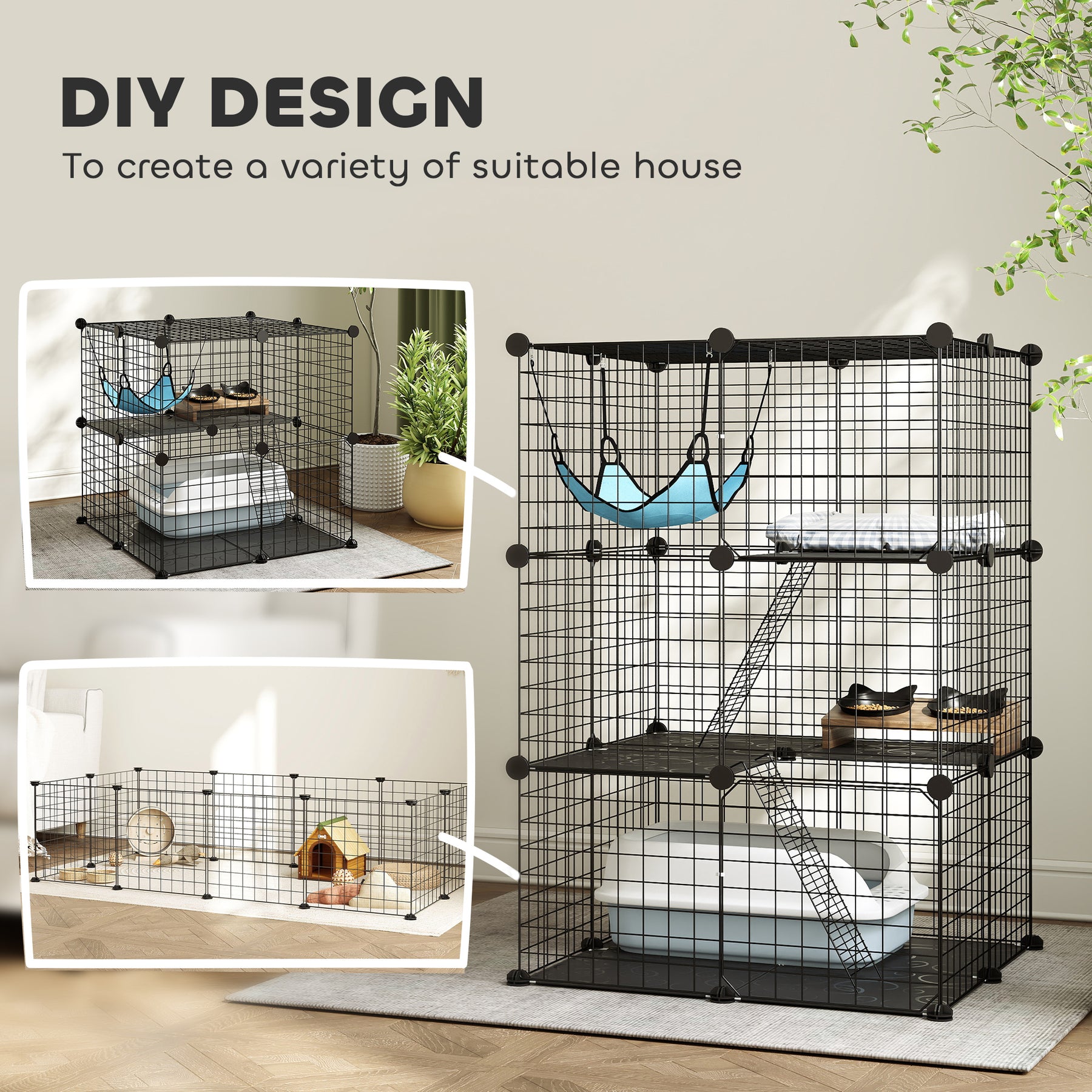 Indoor Cat Cage DIY Customizable 3-Tier Indoor Cat Enclosure with 3 Doors and Hammock  Black