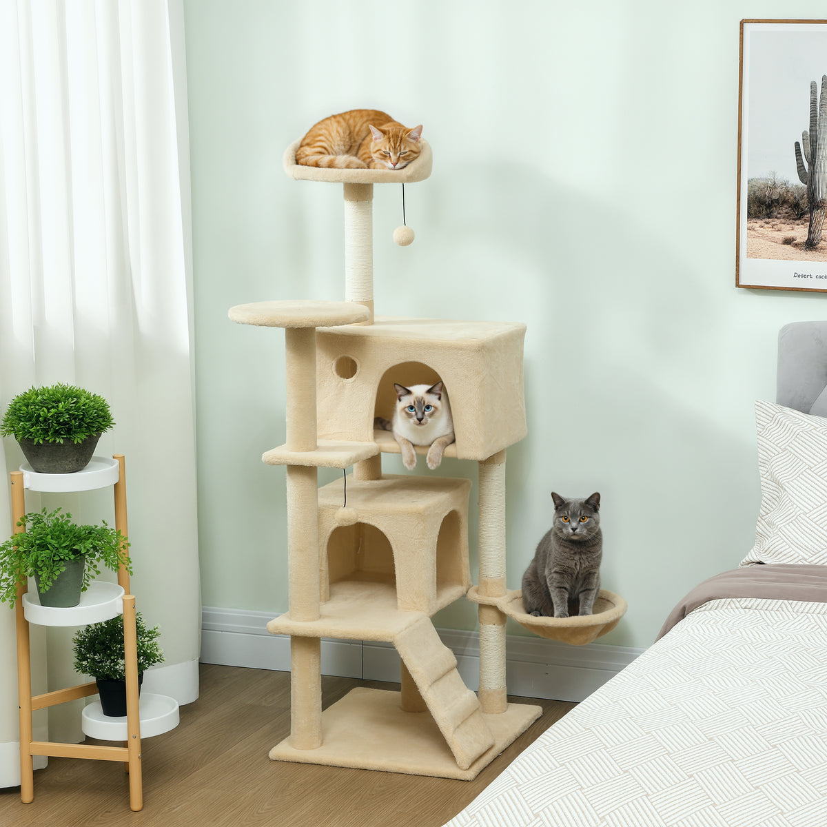 PawHut 140cm Large Cat Tree Tower with Sisal Scratching Posts, Plush Perches, Hammock, Beige PawHut