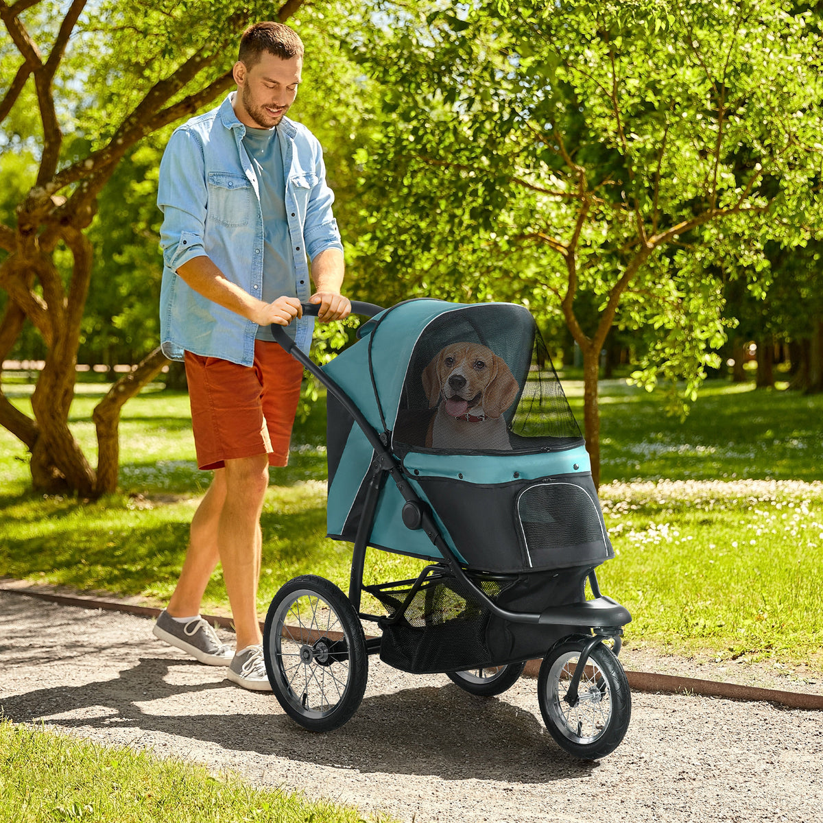 PawHut Foldable Pet Stroller Jogger, with Three Wheels, Canopy, for Medium and Small Dogs, Green PawHut