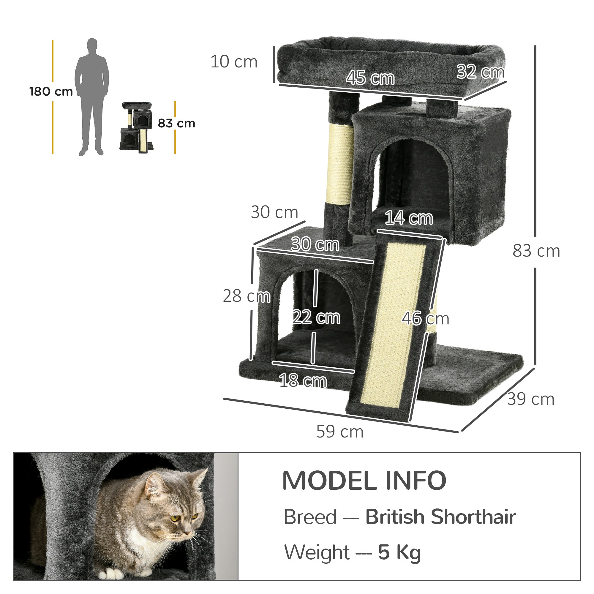 Cats 3-Tier Sisal Rope Leisure Tree Dark Grey