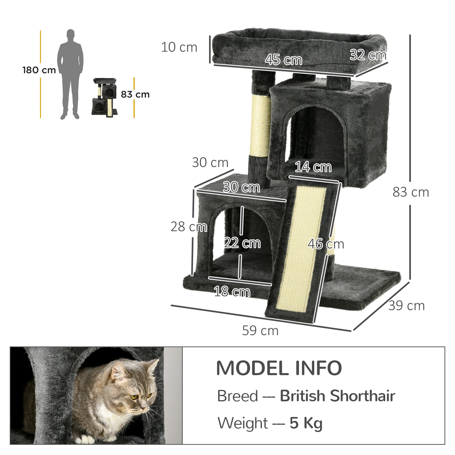 Cats 3-Tier Sisal Rope Leisure Tree Dark Grey