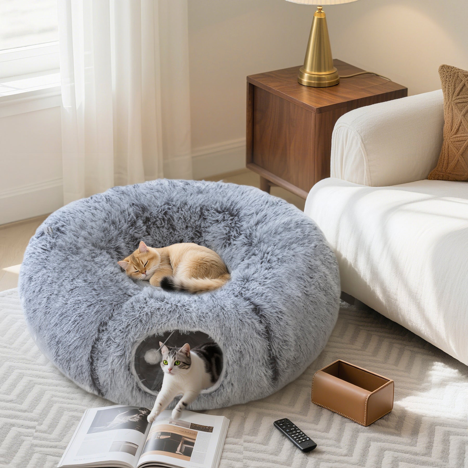 2-in-1 Donut Cat Tunnel with Washable Bed, Play Tunnel Bed with Toy Ball and Door Hole for Indoor Cats, Light Grey