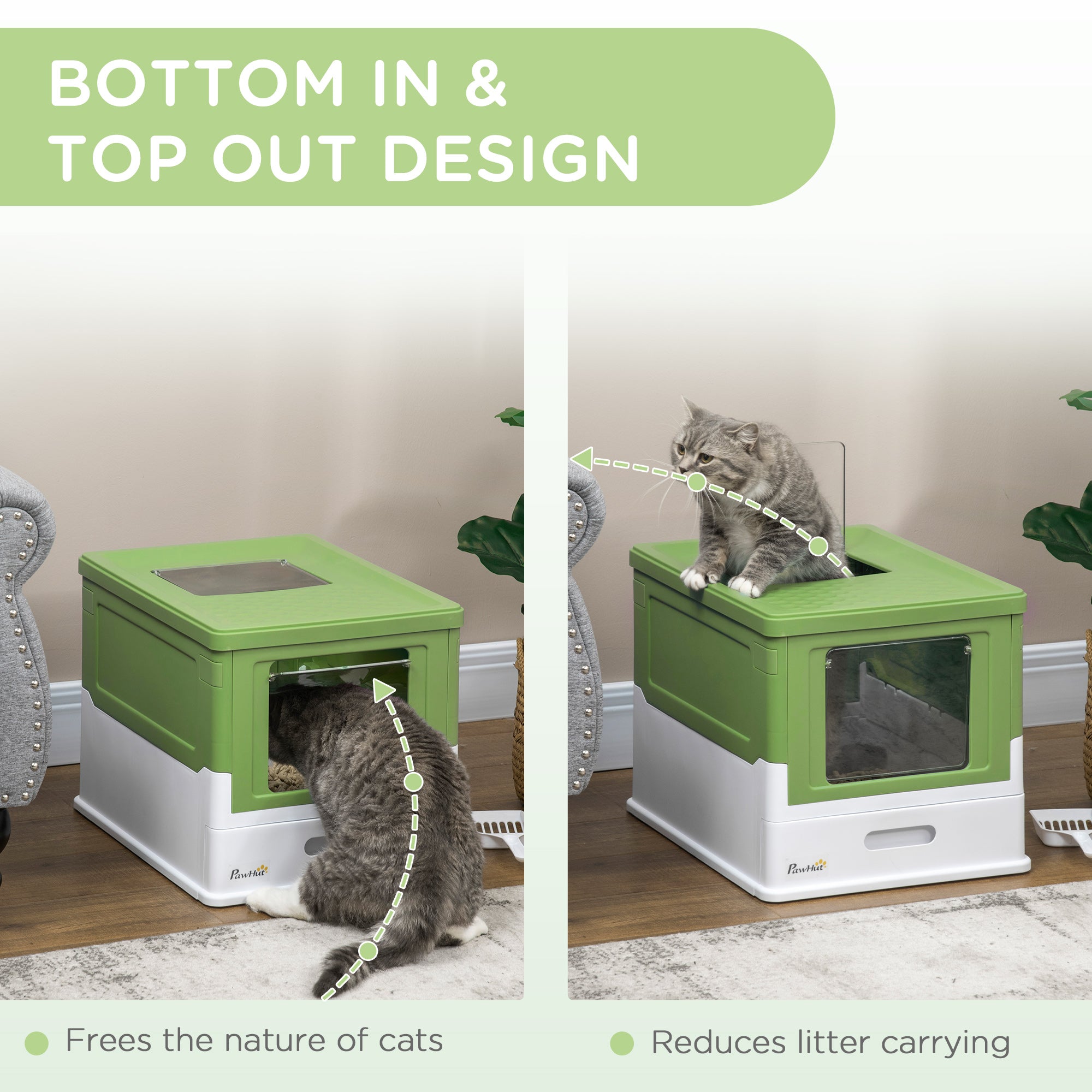 Hooded Cat Litter Box, Portable Pet Toilet, with Scoop, Front Entry - Lime Green