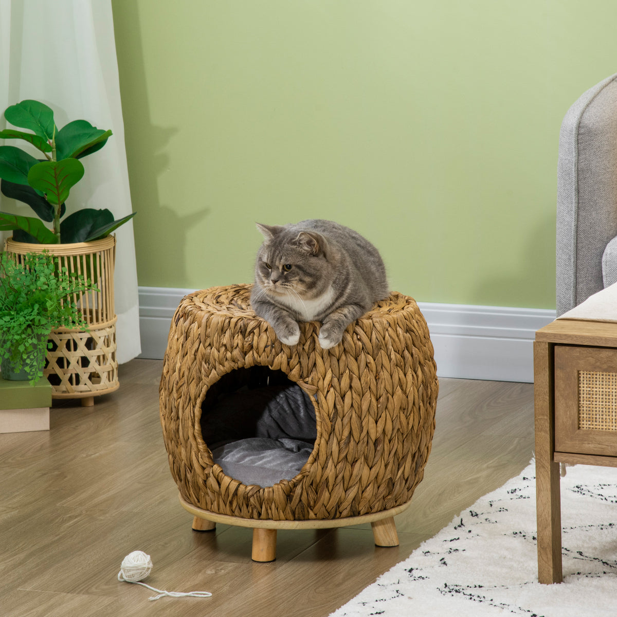 PawHut Wicker Cat Bed Cat House Stool with Washable Cushion, 44 x 43 x 41cm PawHut
