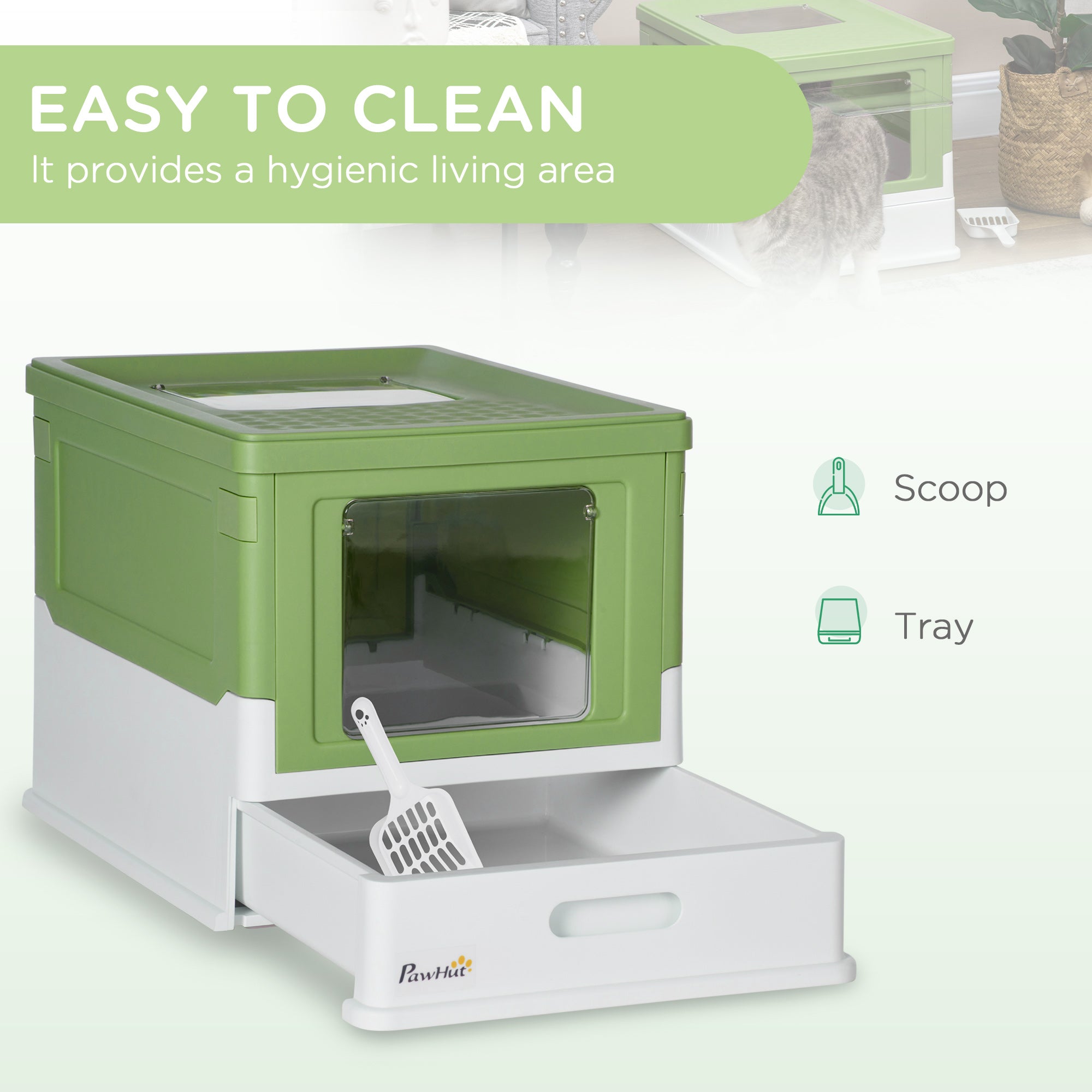 Hooded Cat Litter Box, Portable Pet Toilet, with Scoop, Front Entry - Lime Green