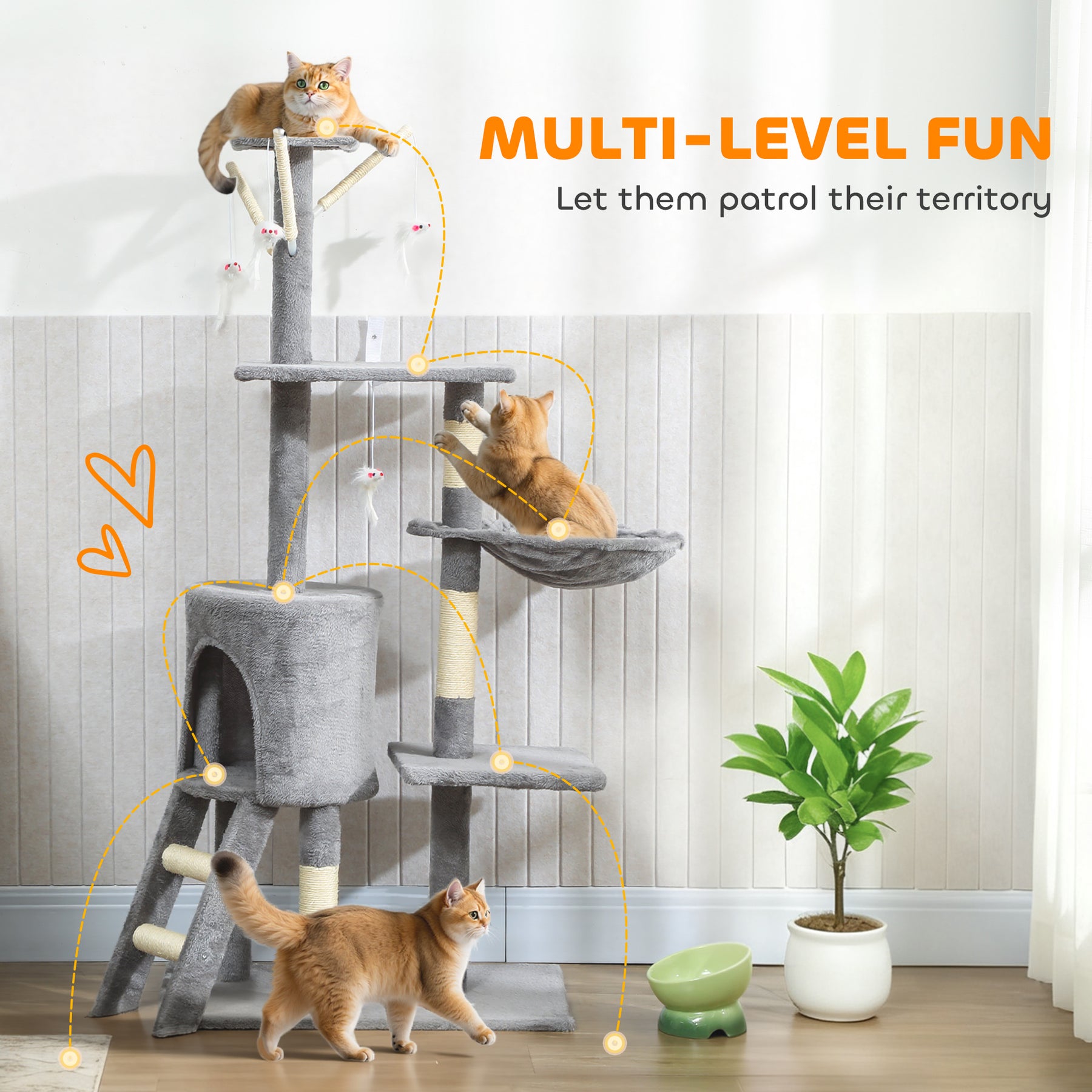 Multi-Level Cat Tower, 134cm Cat Tree with Condo and Sisal Scratching Posts for Indoor Kittens, Grey