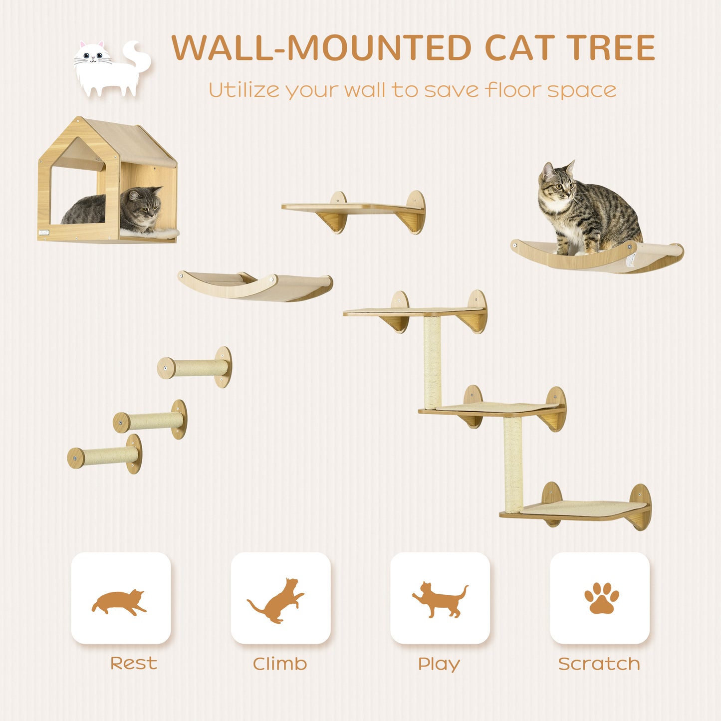 8Pcs Cat Shelves Set Wall Furniture W Condo 3 Perches Aosom UK