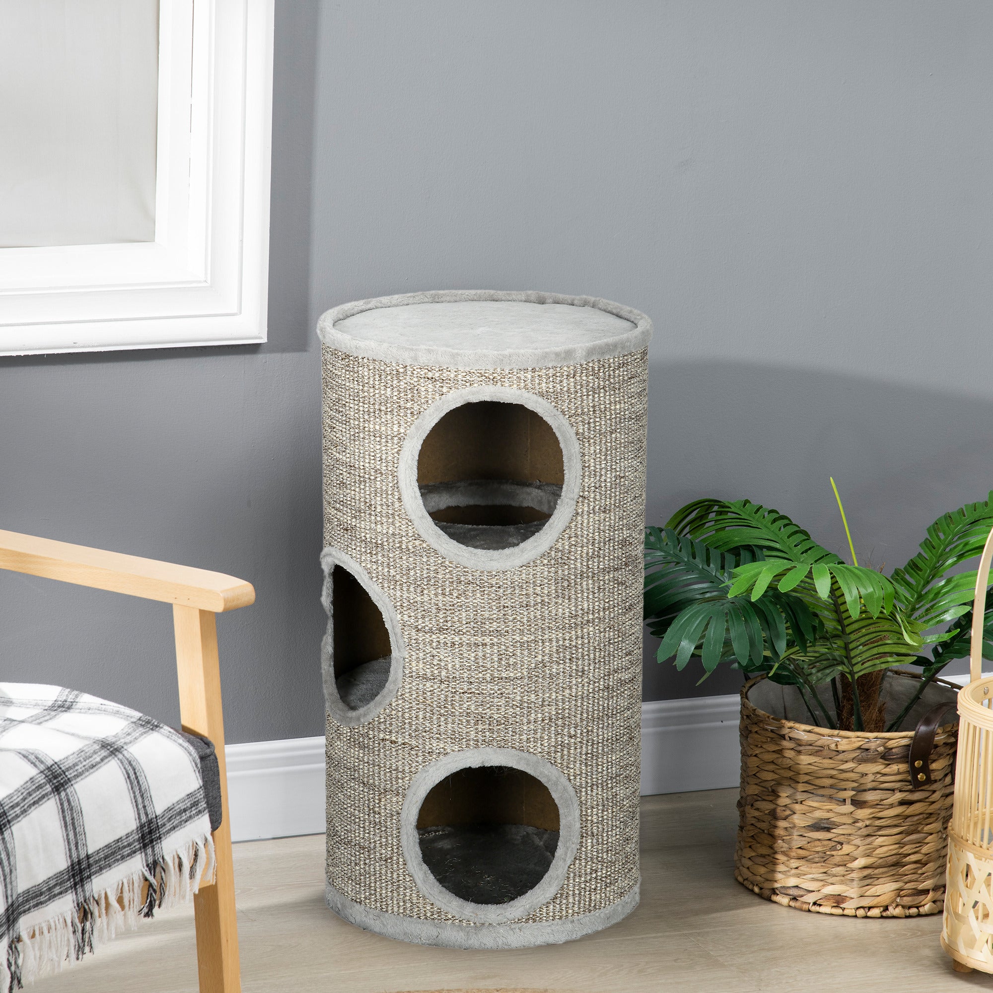 Cat Tree Barrel, Kitten Climbing Tower, Indoor Sisal Covered, Cosy Platform, Light Grey