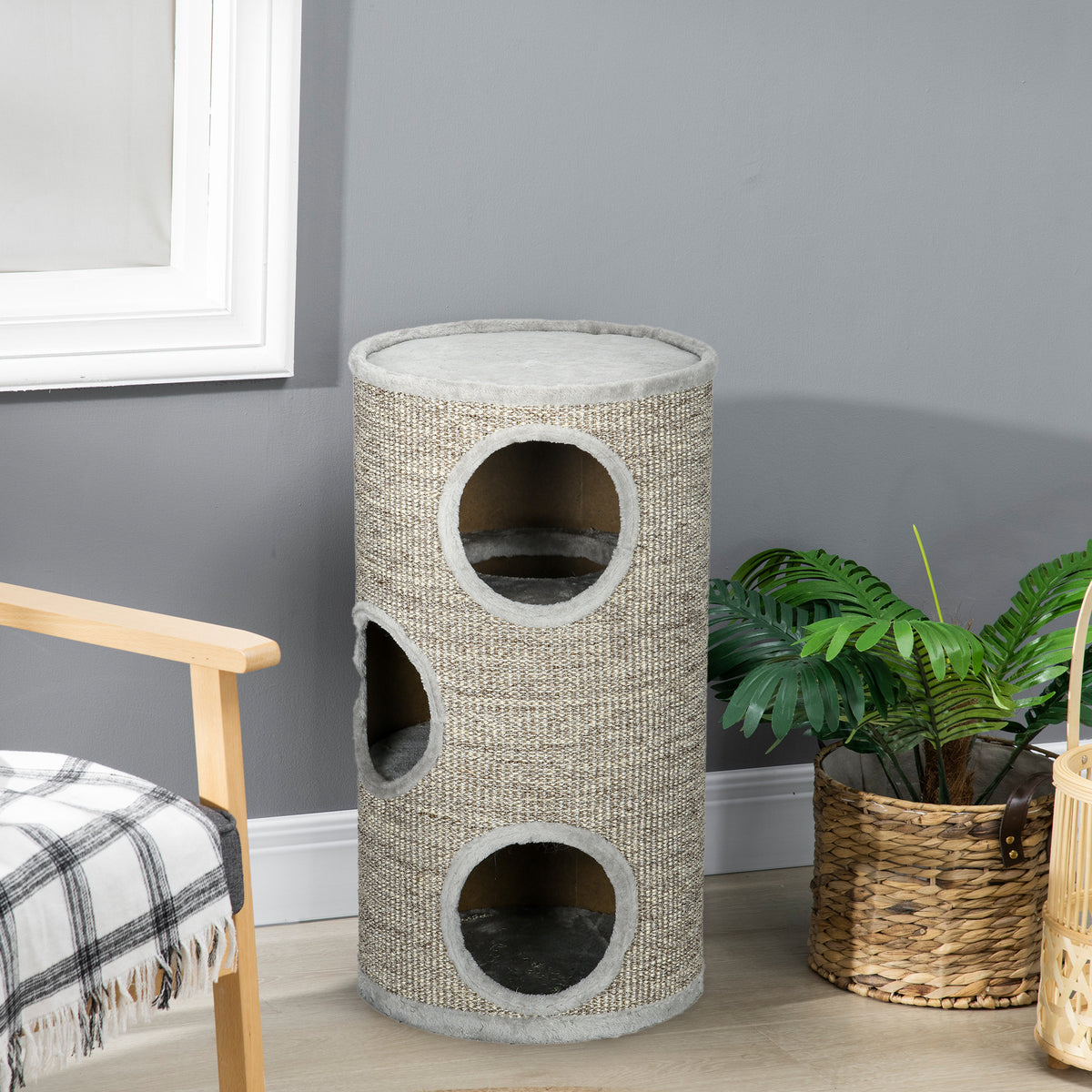 PawHut Cat Scratching Barrel 70cm with 3 Tiers – Light Grey Cat Scratching Barrels PawHut