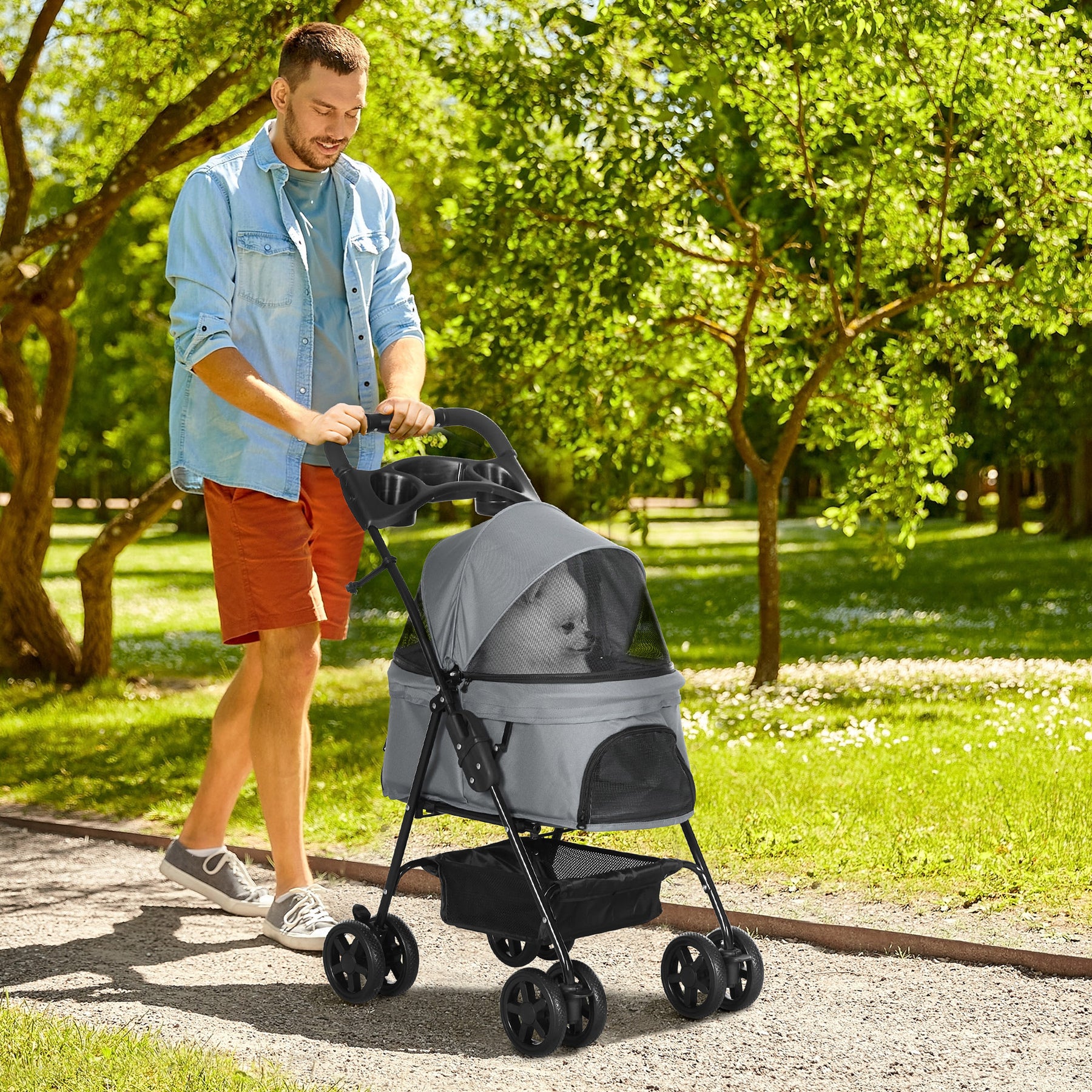 No-Zip Pet Stroller Dog Cat Travel Pushchair One-Click Fold Trolley Jogger w/ EVA Wheels Brake Basket Adjustable Canopy, Grey