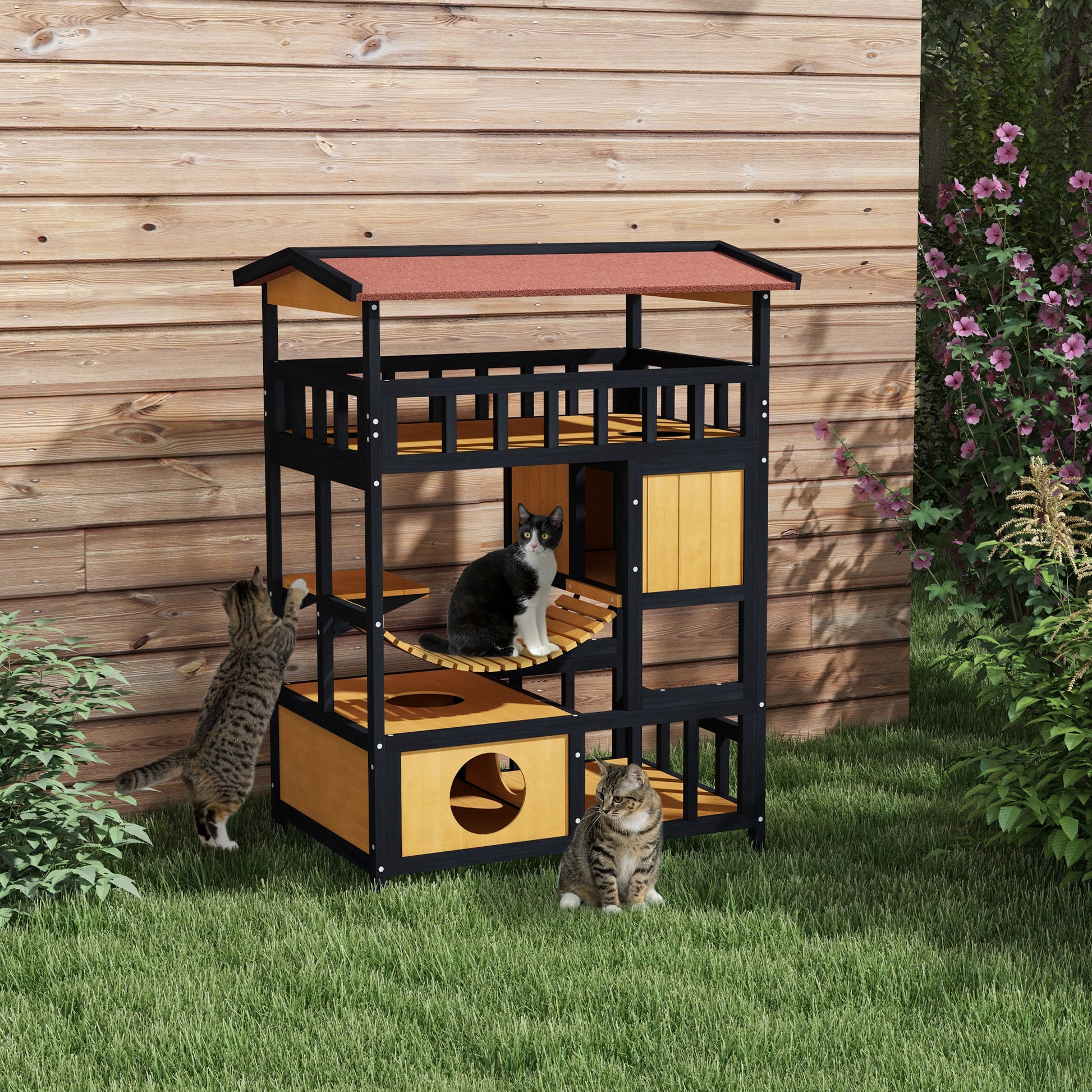 Outdoor Cat Shelter Four Tier Wooden Feral House Aosom UK
